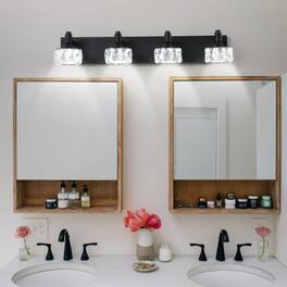 LUCKY ONE - 4-Light Matte LED Vanity Light, Crystal Glass Shades Bathroom Wall Sconce for Mirror - Black