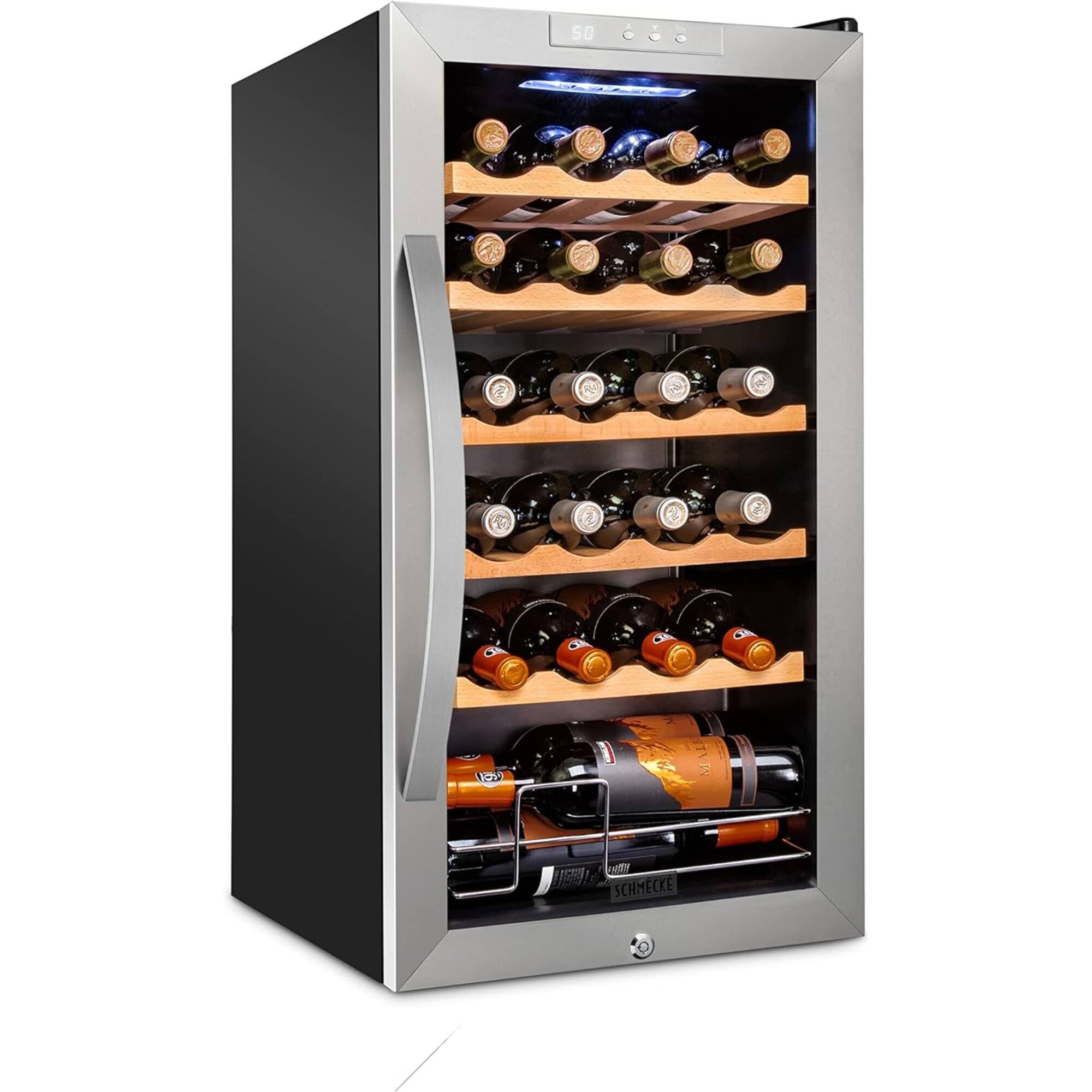 Schmecke - 24 Bottle Compressor Wine Refrigerator, Freestanding Wine Cooler with Lock - Stainless Steel
