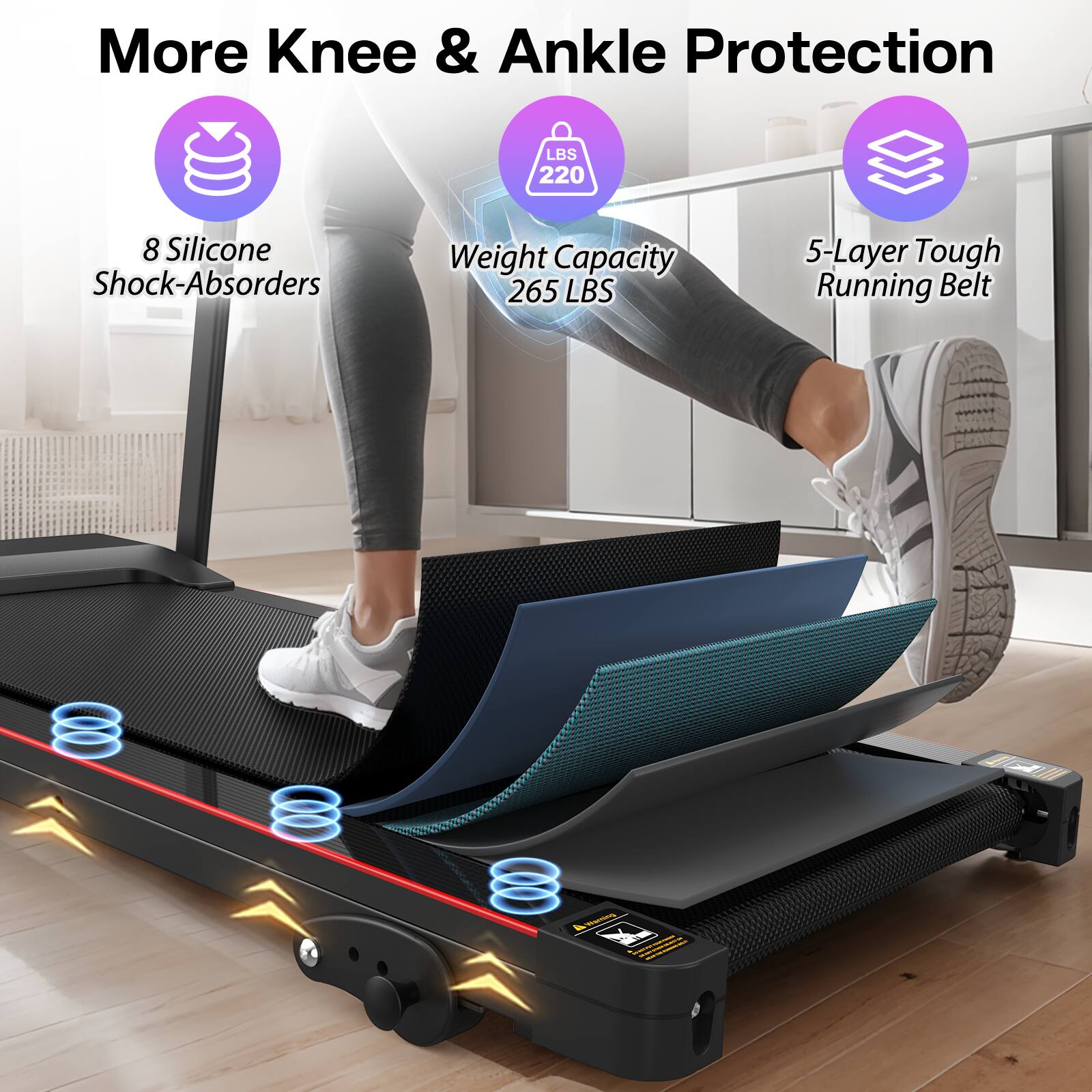 More Knee & Ankle Protection
8 Silicone Shock-Absorders
Weight Capacity 265 LBS
5-Layer Tough Running Belt