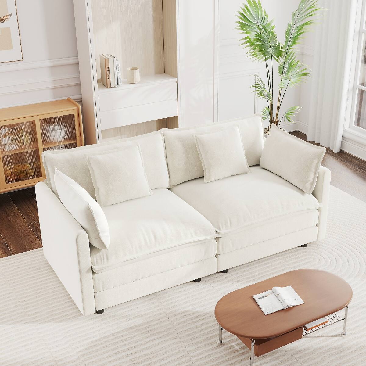 Angle. Ropilly - Ropilly White Chenille Loveseat, Modern Fabric Loveseat Couch with Deep Seat and 4 Pillows - White.