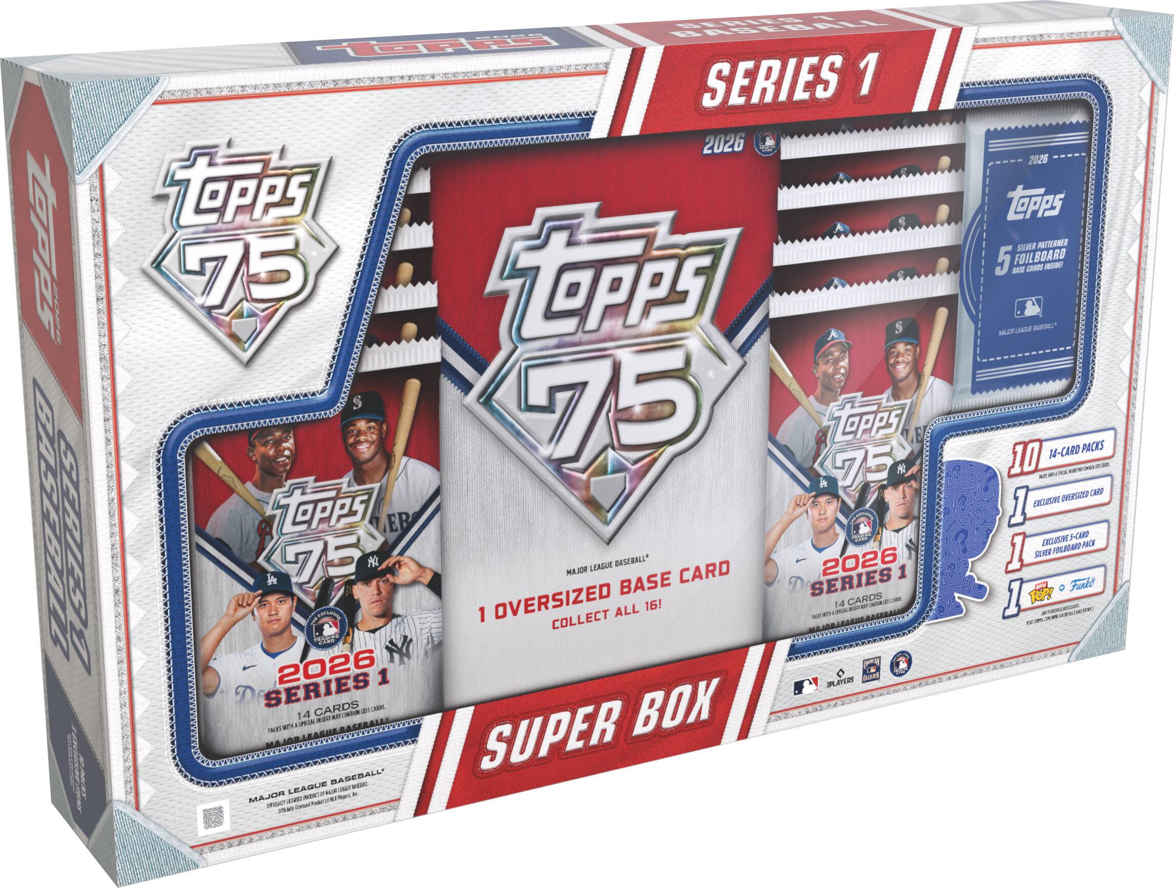 **Topps 75**

**2026 SERIES 1**

**MAJOR LEAGUE BASEBALL**

**SUPER BOX**

**1 OVERSIZED BASE CARD - COLLECT ALL 16!**

**14-CARD PACKS**

**10 PACKS**

**1 EXCLUSIVE OVERSIZED CARD**

**1 EXCLUSIVE 5-CARD SILVER FOLDBOARD PACK**

**5 SILVER PATTERNED FOILBOARD CARDS INSIDE**

**MAJOR LEAGUE BASEBALL**