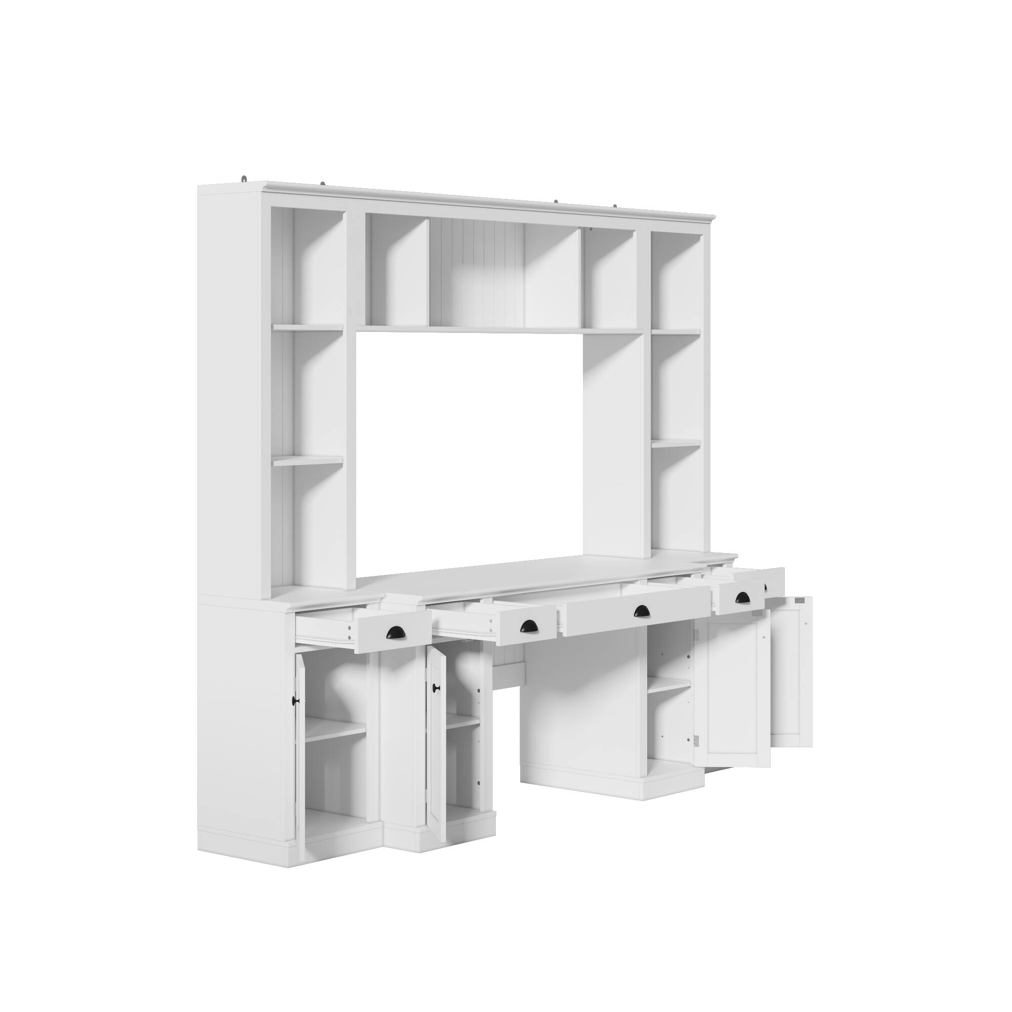 Angle. Famapy - All-in-One Wall Bookcase Desk Combo – 5 Drawers, 9 Open Shelves, 8 Closed Compartments for Home Office, Media Room - White.