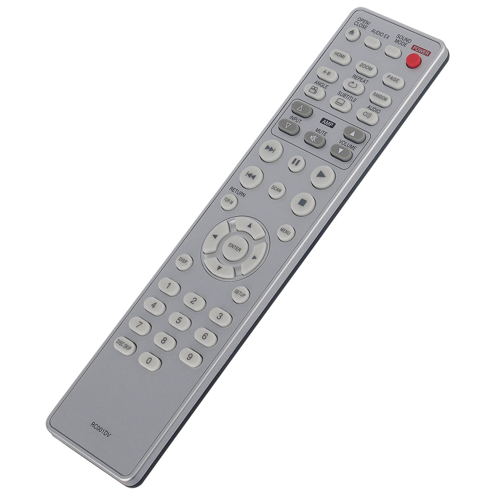 - CLOSE OPEN
- AUDIO EX
- SOUND MODE
- HOMI
- POWER
- ZOOM
- A-D
- REPEAT
- PAGE
- ANGLE
- SUBTITLE
- RANDOM
- A
- AUDIO INPUT
- 0))
- 7
- AMP
- MUTE
- Y
- VOLUME
- RETURN
- TOPM
- SCAN
- DNSP
- ENTER
- Y
- P
- MENU
- 1
- 4
- 2
- 5
- 7
- 8
- 6
- DISC-SKIP
- 0
- 9
- 3
- SETUP
- RC001DV
- DV