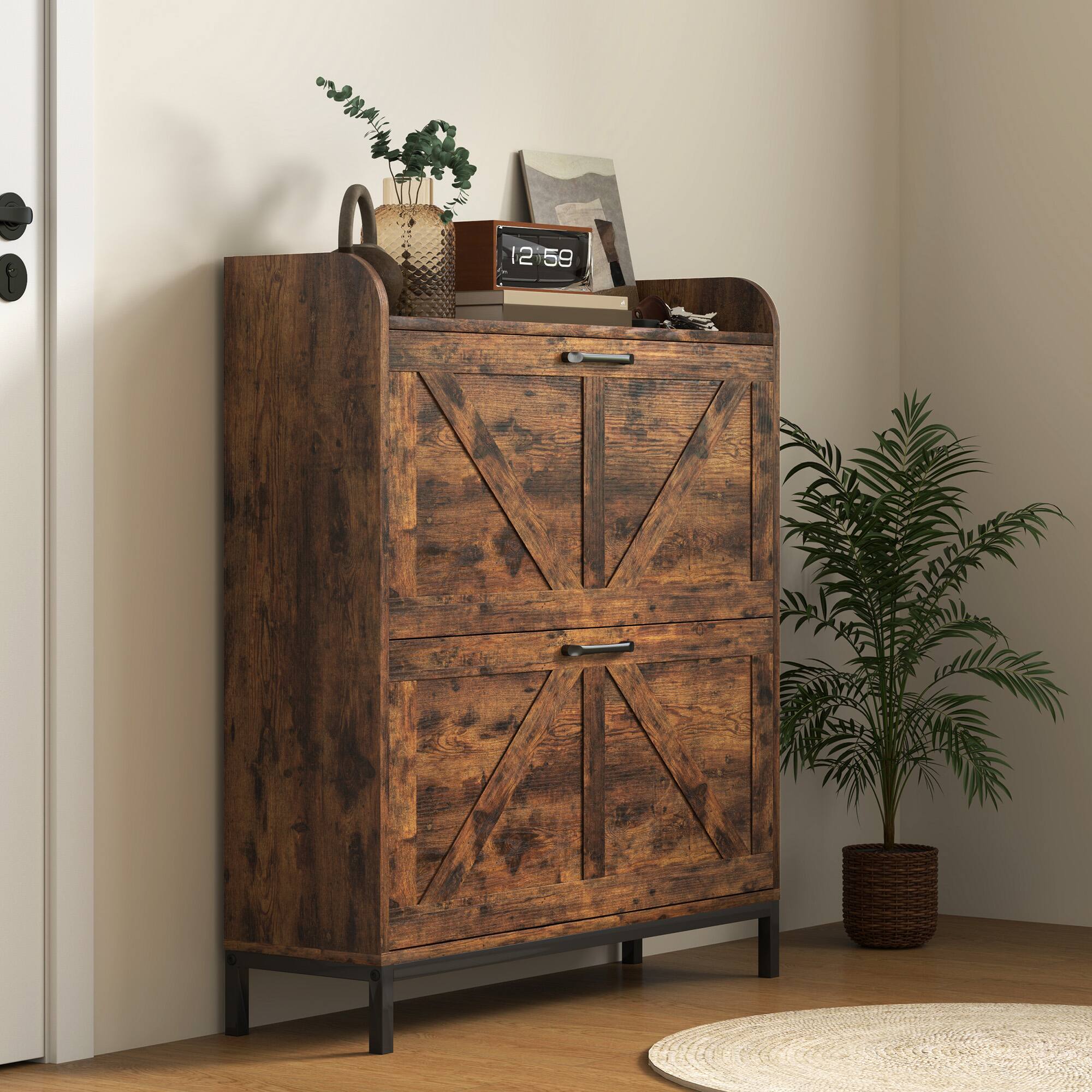 Alt View 7. Homcom - Shoe Storage Cabinet with 2 Flip Drawers, Legs, Farmhouse Freestanding Narrow Shoe Cabinet - Rustic Brown.