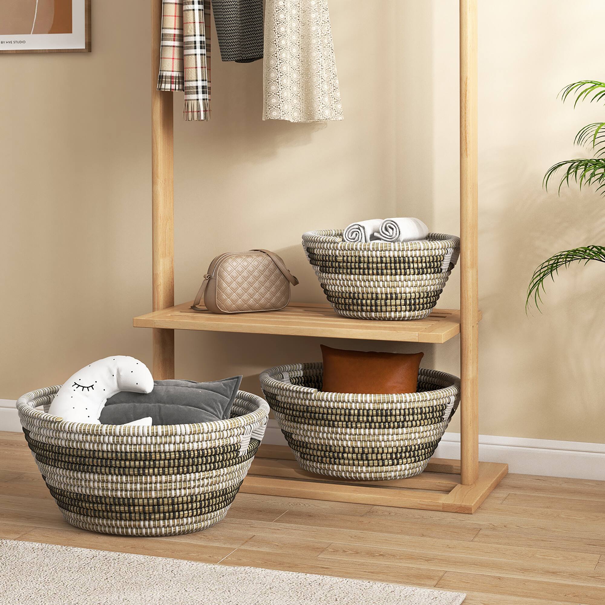 Costway Natural Canes Grass Baskets Stackable Storage Bins Set of 3 w