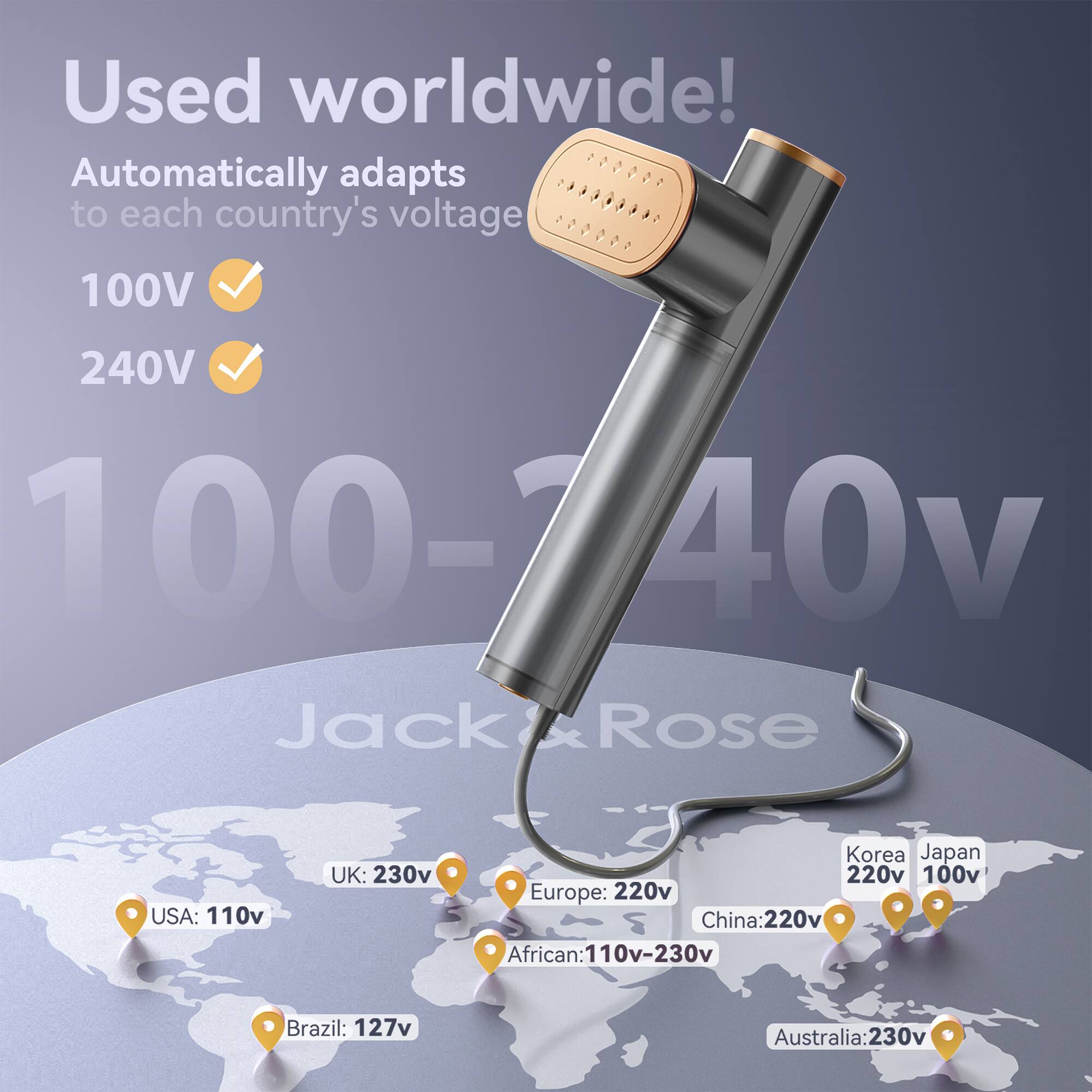 Used worldwide! Automatically adapts to each country's voltage

100V  
240V  

USA: 110v  
UK: 230v  
Korea: 220v  
Japan: 100v  
Europe: 220v  
China: 220v  
Africa: 110v-230v  
Brazil: 127v  
Australia: 230v