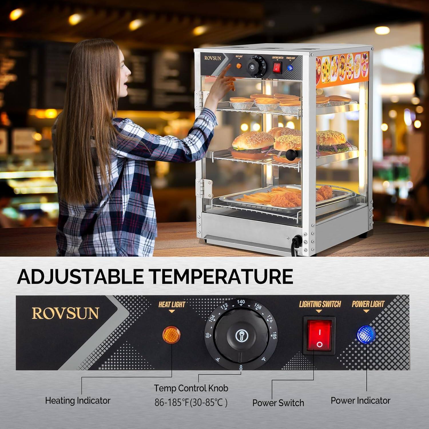 ROVSUN - Adjustable Temperature Heat Light Lighting Switch Power Light  
- Heating Indicator  
- Temp Control Knob (86-185°F / 30-85°C)  
- Power Switch  
- Power Indicator  

ADJUSTABLE TEMPERATURE  
ROVSUN  
- Heat Light  
- Temp Control Knob (86-185°F / 30-85°C)  
- Power Switch  
- Power Indicator  
- Lighting Switch  
- Power Light