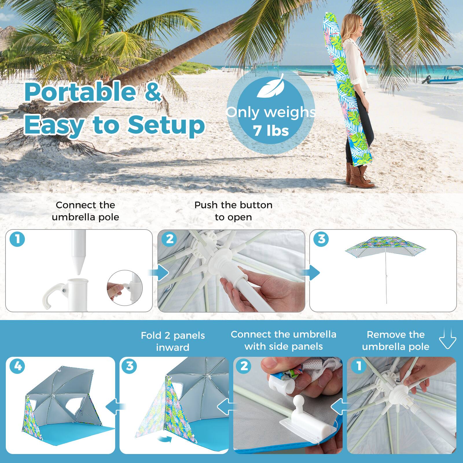 Portable & Easy to Setup  
Only weighs 7 lbs  

1. Connect the umbrella pole  
2. Push the button to open  
3. Fold 2 panels inward  
4. Connect the umbrella with side panels  
5. Remove the umbrella pole