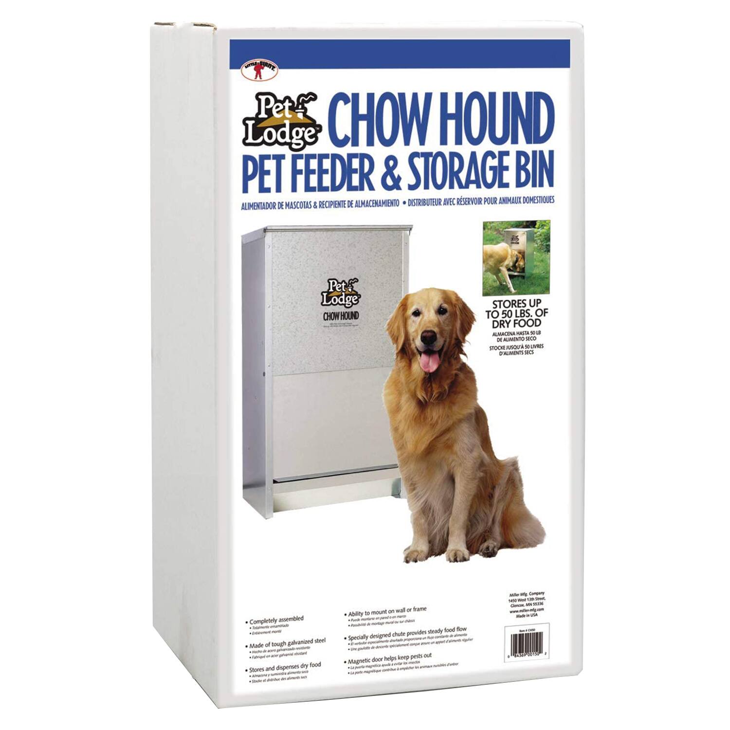 Pet Lodge CHOW HOUND PET FEEDER & STORAGE BIN ALMACENAMIENTO DISTRIBUTEUR B RESERVOR POUR ANIMAUX DOMESTIQUES ALIMENTADOR DE MASCOTAS & RECIPIENTE DE ALIMENTOS

Pet Lodge CHOW HOUND STORES UP TO 50 LBS. OF DRY FOOD

Completely assembled - galvanized steel Made of tough - de food Shores and dispenses - wal - hame Abd - Snuom dnady food foe designed chute provides Specially - koep pen - Magnetic door helps - Conen