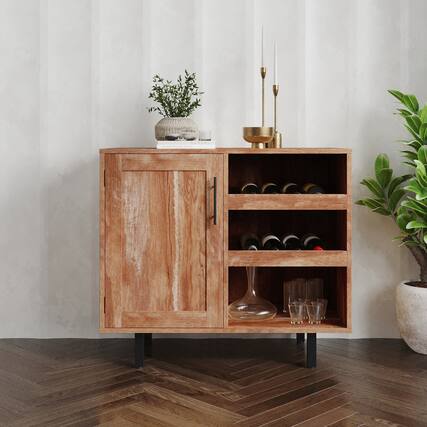 Front. Emma + Oliver - Classic Sideboard and Bar Cabinet with Open and Closed Storage - Light Brown.