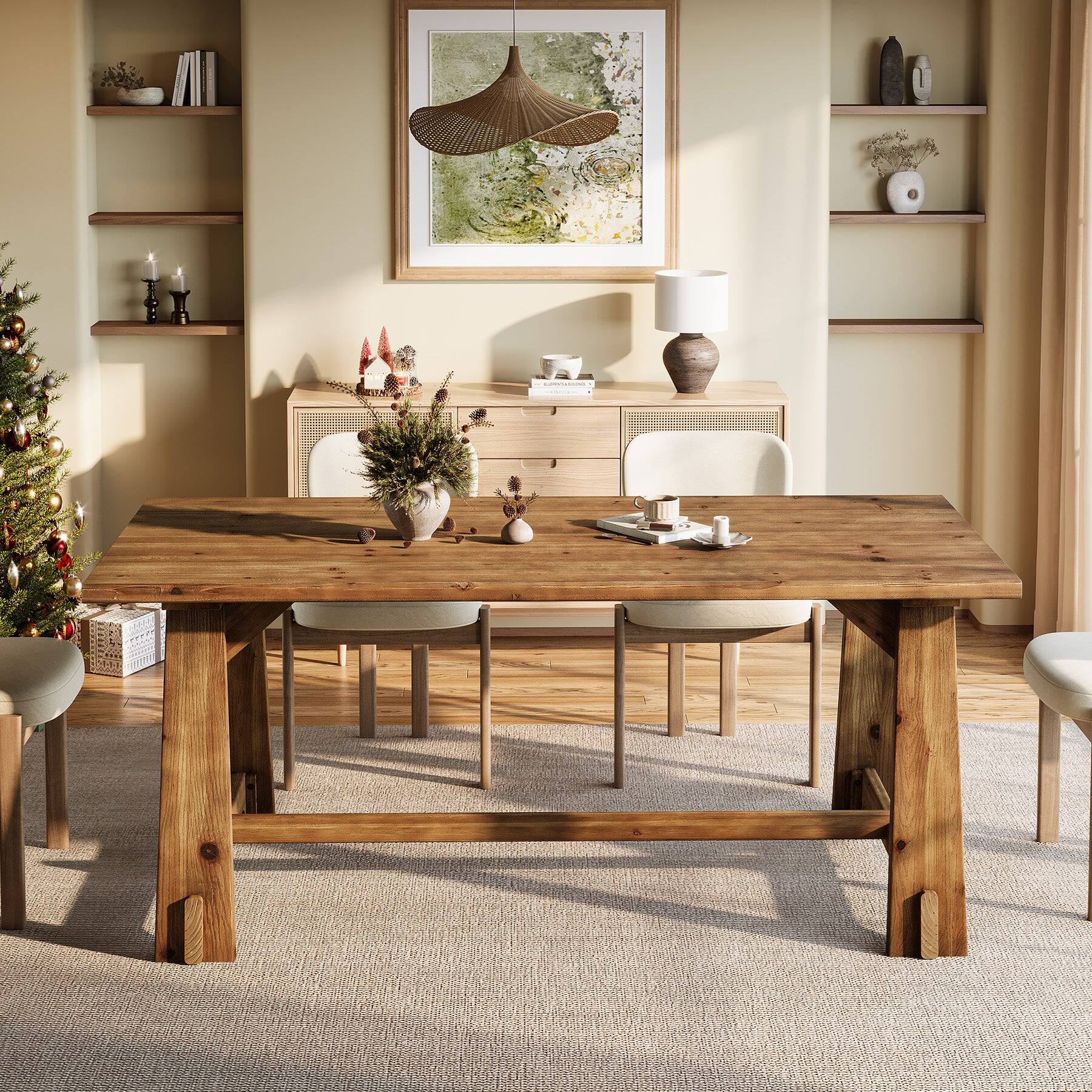 Angle. Tribesigns - Farmhouse Solid Wood Dining Table with Rectangular Top for Dining Room and Kitchen - Brown.