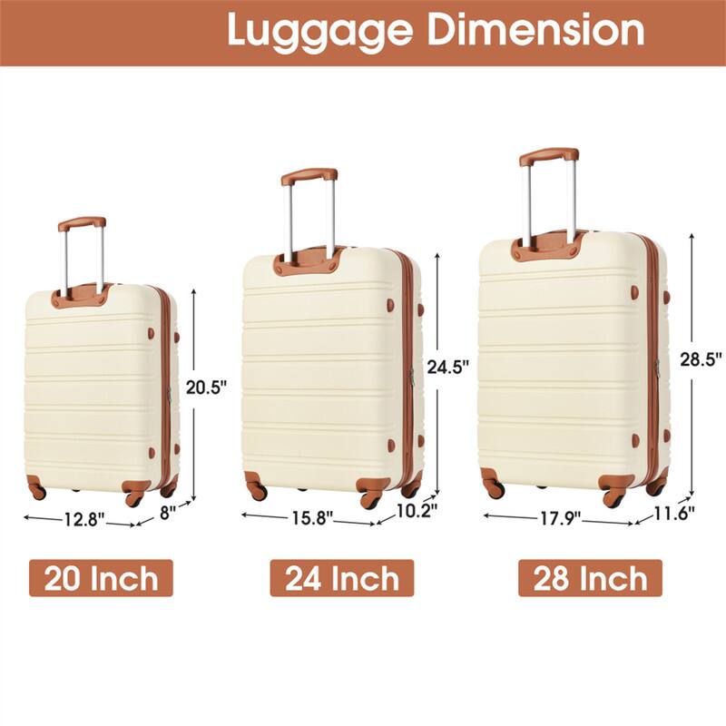 Luggage Dimension

20 Inch: 20.5" x 12.8" x 8"
24 Inch: 24.5" x 15.8" x 10.2"
28 Inch: 28.5" x 17.9" x 11.6"