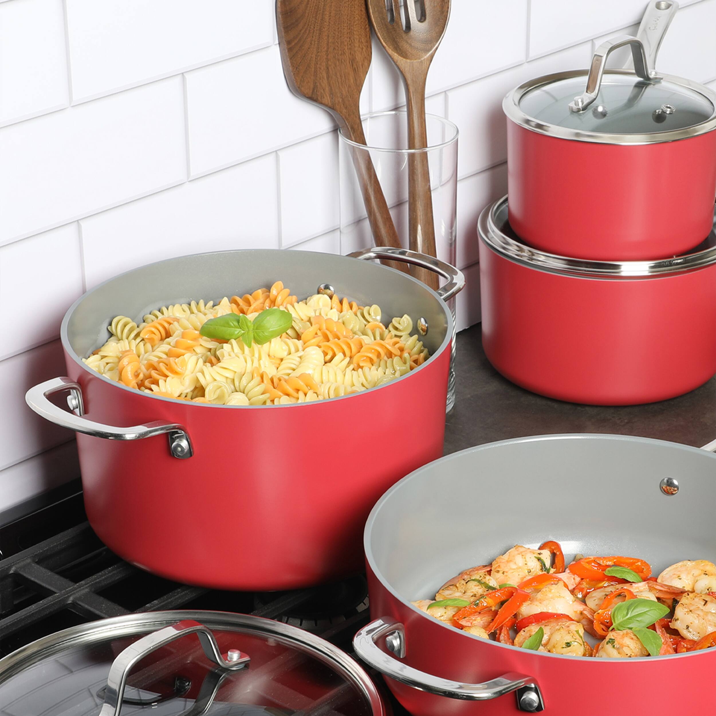 Back. Sur La Table - Sur La Table Angelie 10 Piece Nonstick Ceramic Enameled Aluminum Cookware Set in Matte Brick - Brick.