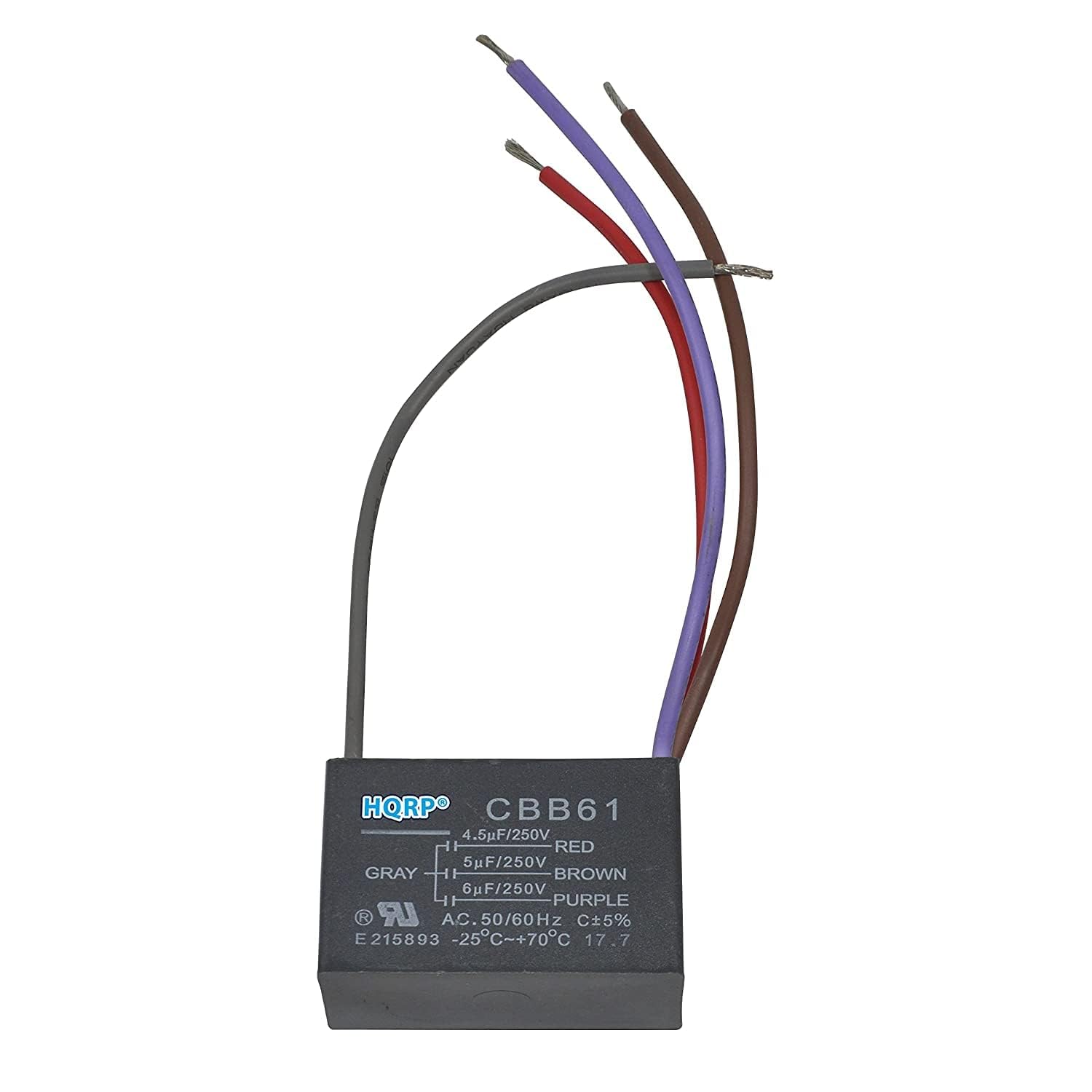 HQRP CBB61  
4.5uF/250V RED  
5F/250V GRAY BROWN  
6F/250V PURPLE  
AC 50/60Hz  
C15%  
E E215893  
-25C~+70C  
17.7  

HQRP  
CBB61  
4.5uF/250V  
5uF/250V  
6uF/250V  
GRAY  
RED  
BROWN  
PURPLE  
AC 50/60Hz  
C15%  
E215893  
-25°C~+70°C  
17.7