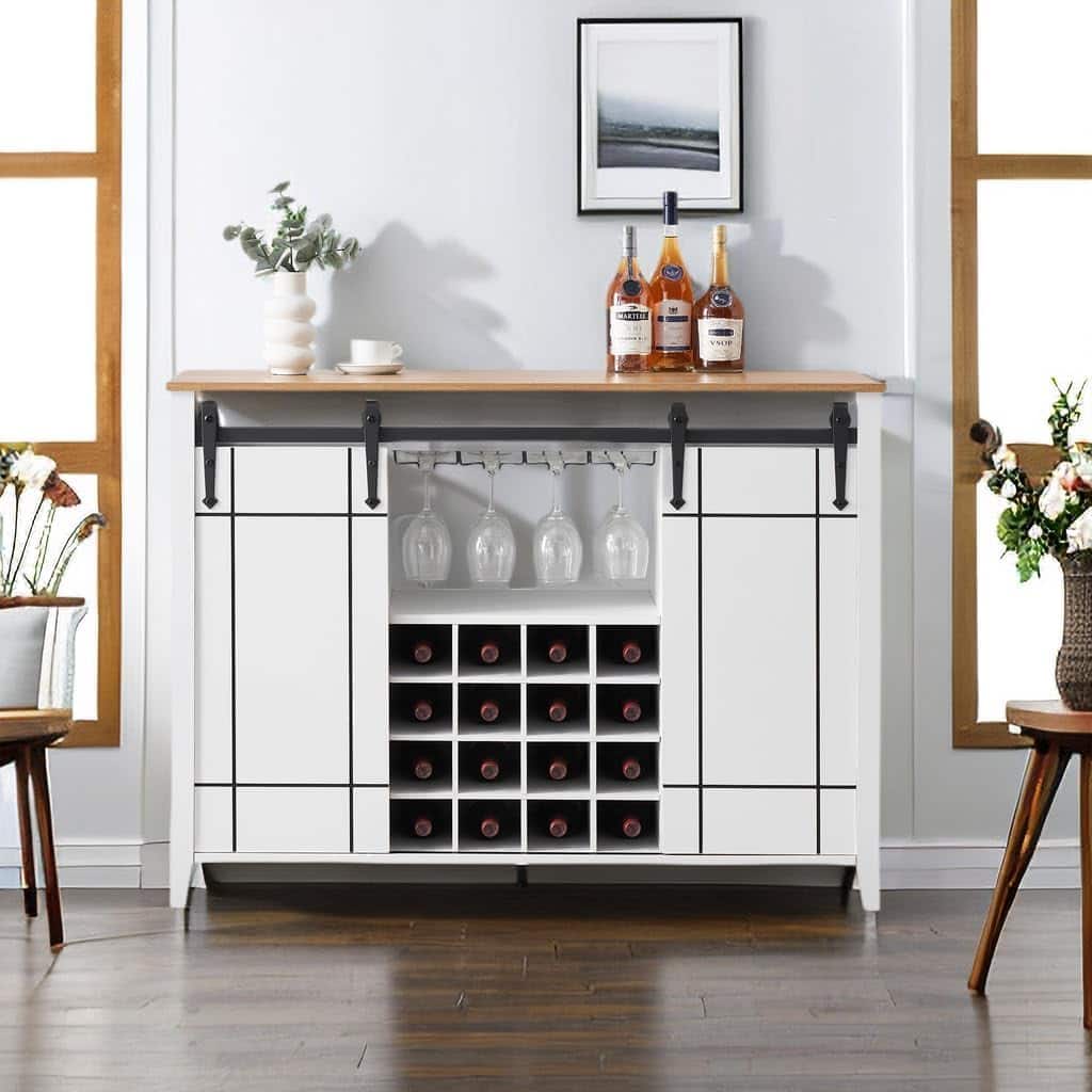 Homhougo - 47" Coffee Bar Cabinet w/16 Wine & Glass Rack Storage Shelves Farmhouse Wine Bar Sideboard w/Sliding Barn Door Large - White