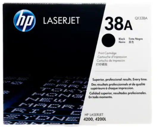 **HP LASERJET Q1338A 38A**
- **Black / Tinta Negra / Noire / 黑色 / 打印碳粉**
- **Print Cartridge / Cartouche d'Impression / Cartucho de Impresión / 打印碳粉**
- **Superior, professional results. Every time. / Des résultats professionnels et de qualité supérieure à chaque impression. / Calidad superior, resultados profesionales. En todo momento.**
- **HP LASERJET 4200, 4200L**