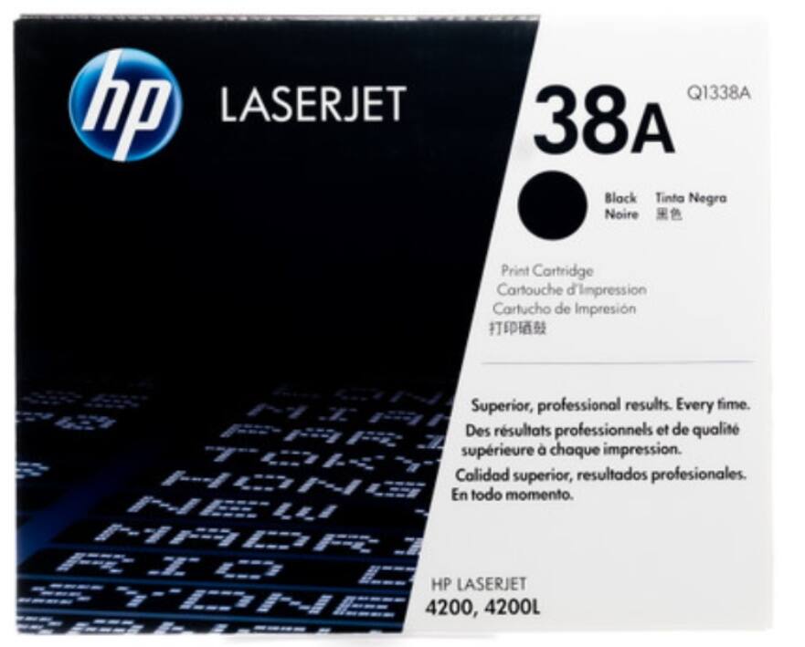 **HP LASERJET Q1338A 38A**

- **Black / Tinta Negra / Noire / 黑色 / 打印碳粉**

- **Print Cartridge / Cartouche d'Impression / Cartucho de Impresión / 打印碳粉**

- **Superior, professional results. Every time. / Des résultats professionnels et de qualité supérieure à chaque impression. / Calidad superior, resultados profesionales. En todo momento.**

- **HP LASERJET 4200, 4200L**