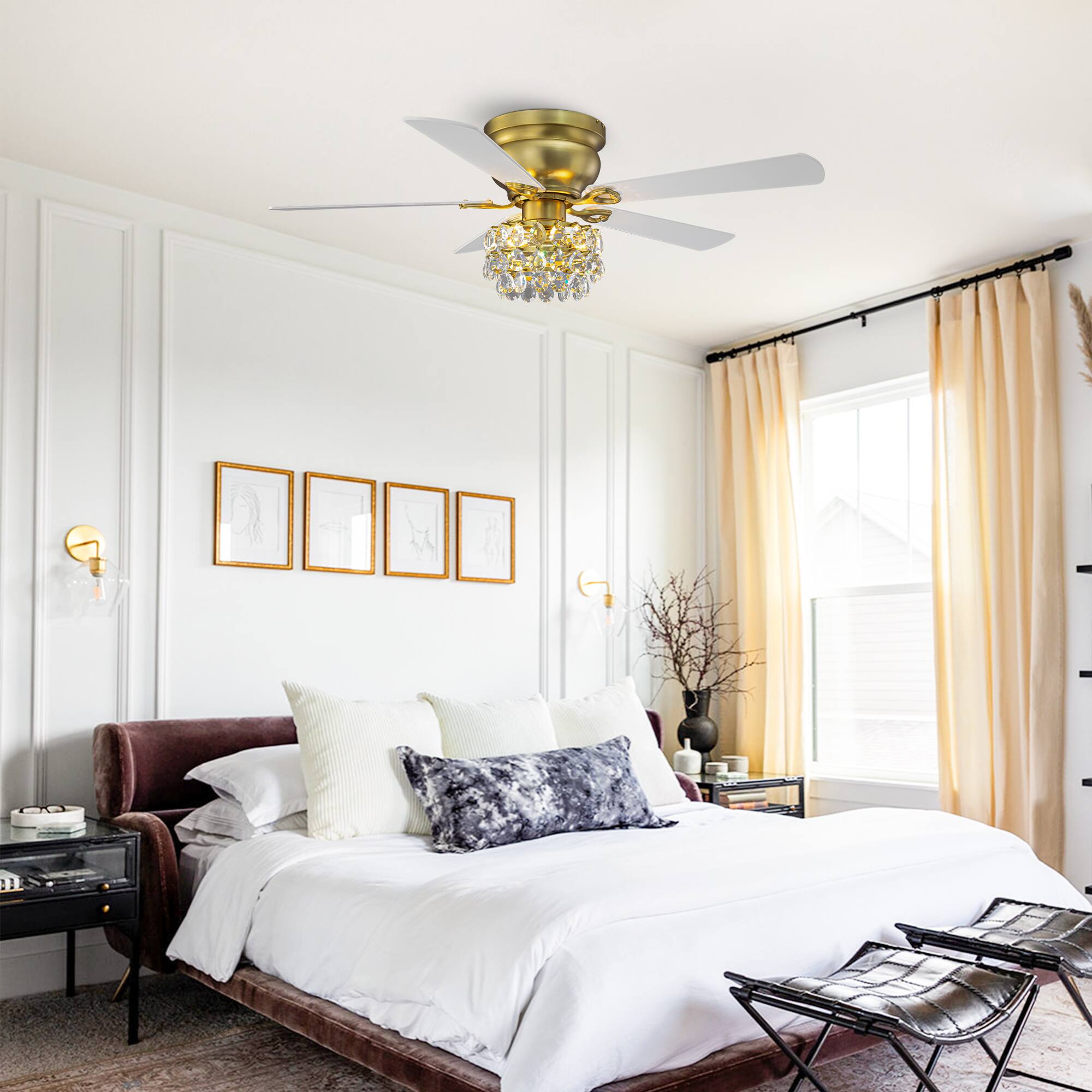 Angle. Parrot Uncle - 48" Modern Crystal Low Profile Ceiling Fan with Light Kit and Remote - Modern Brass.