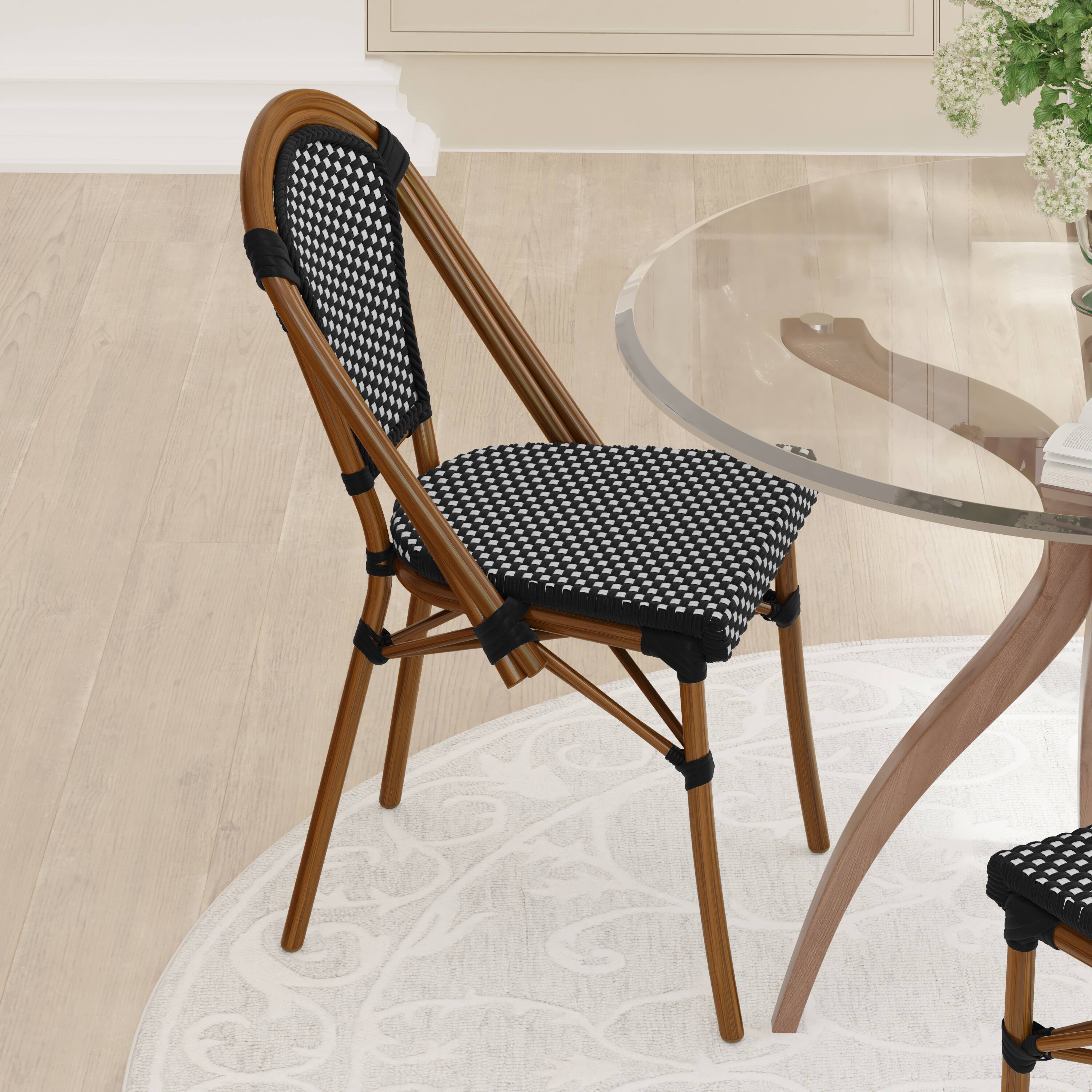 Alt View 4. Emma + Oliver - Soie Stacking Bistro Chairs with PE Seat and Back and Aluminum Frame for Indoor/Outdoor Use - Black & White/Natural Frame.
