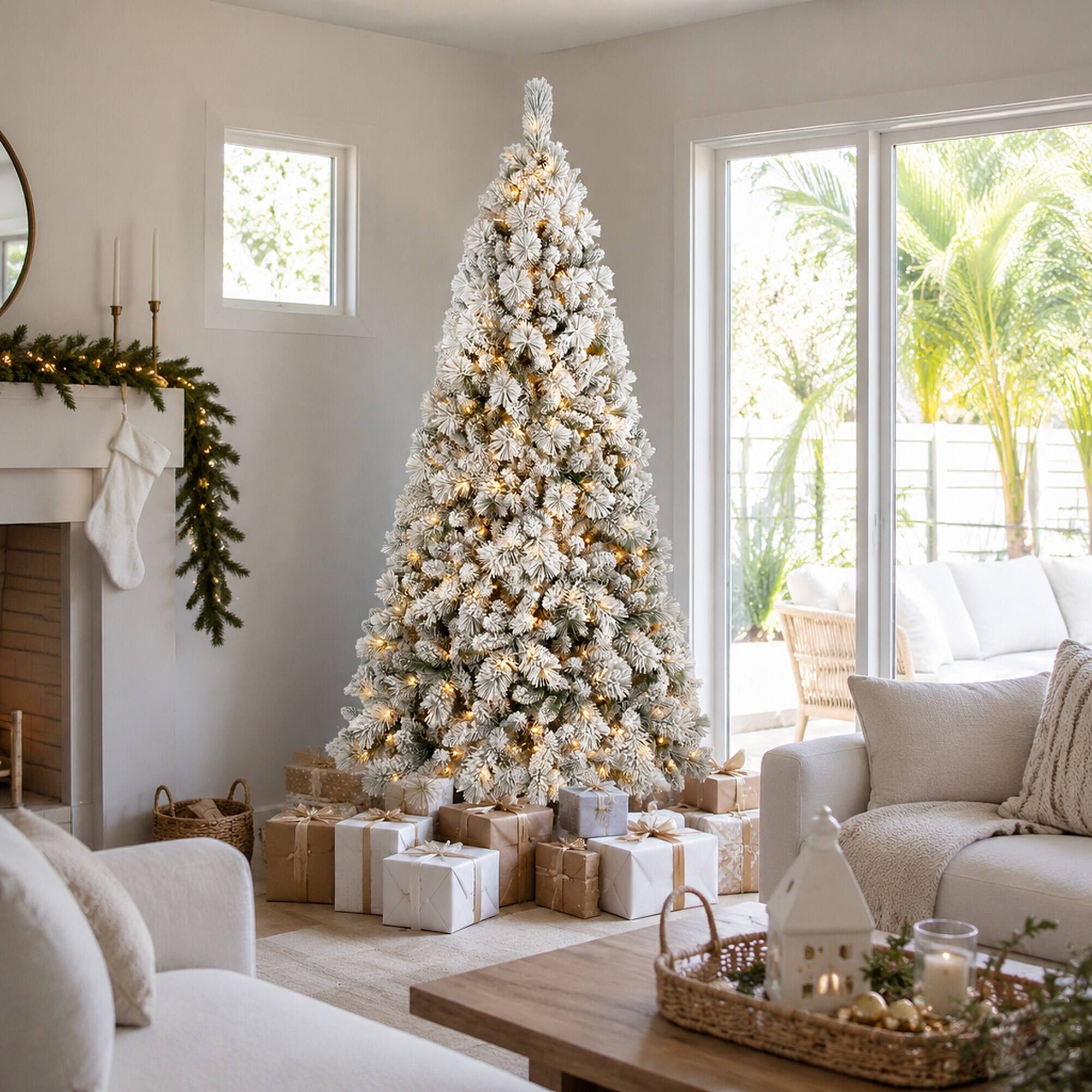 Back. RYHNUYNE - 8FT Flocked Pre-Lit Christmas Tree, 600 Warm White LED Lights 1445 Tips PVC Hard Needle Hinged Design - Green,White.