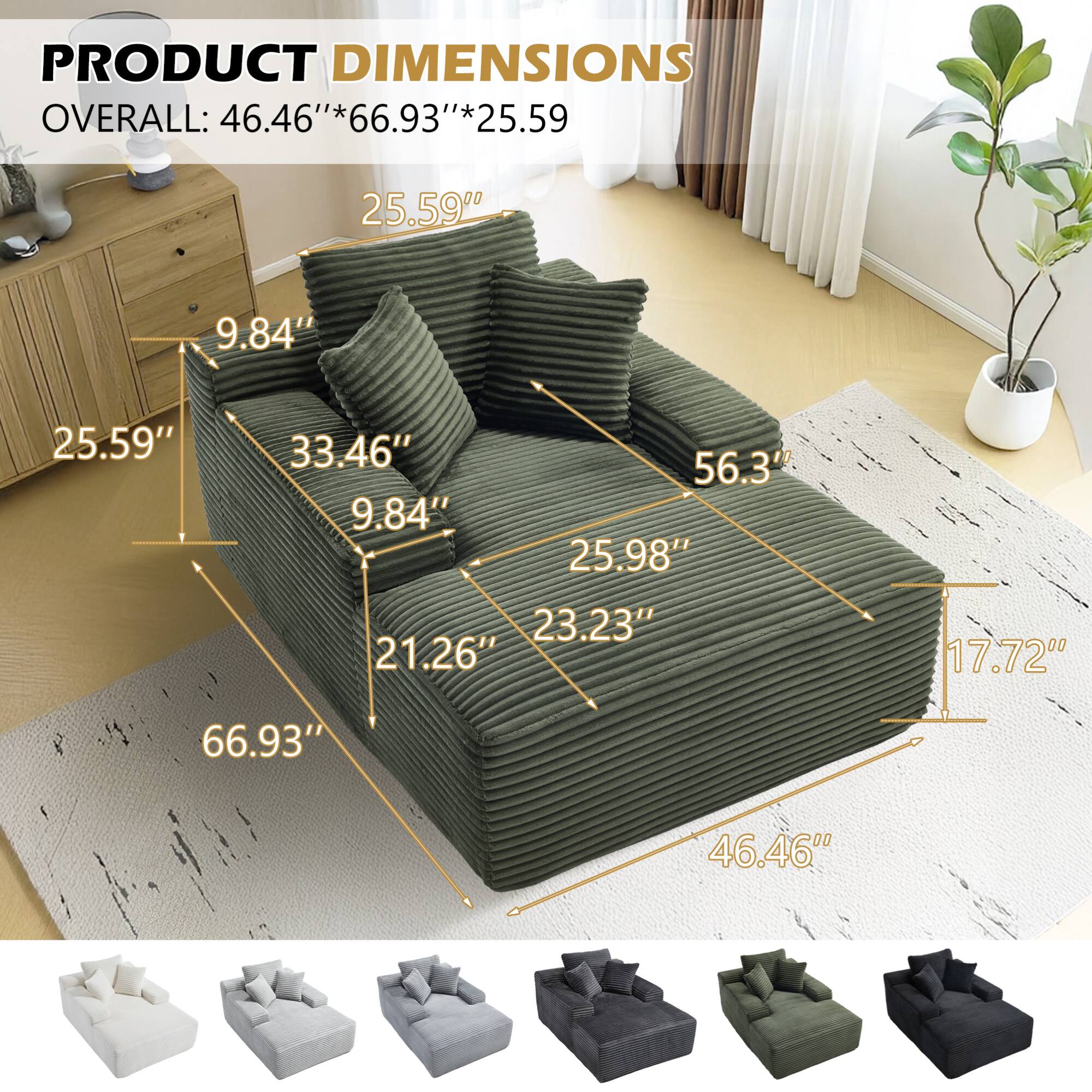 PRODUCT DIMENSIONS  
OVERALL: 46.46" * 66.93" * 25.59  

- 25.59"  
- 9.84"  
- 25.59"  
- 33.46"  
- 9.84"  
- 56.3"  
- 25.98"  
- 23.23"  
- 21.26"  
- 17.72"  
- 66.93"  
- 46.46"