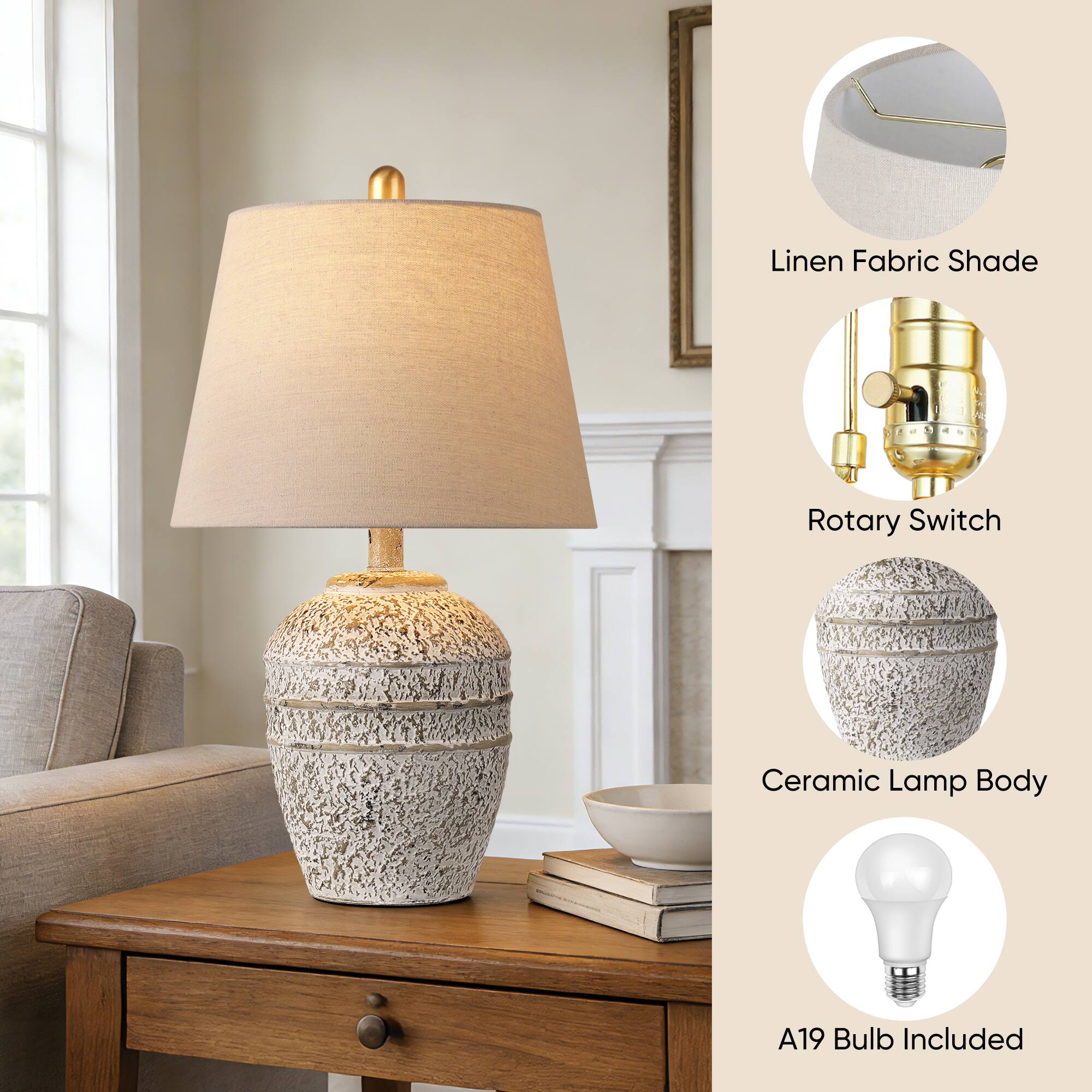 Linen Fabric Shade  
Rotary Switch  
Ceramic Lamp Body  
A19 Bulb Included