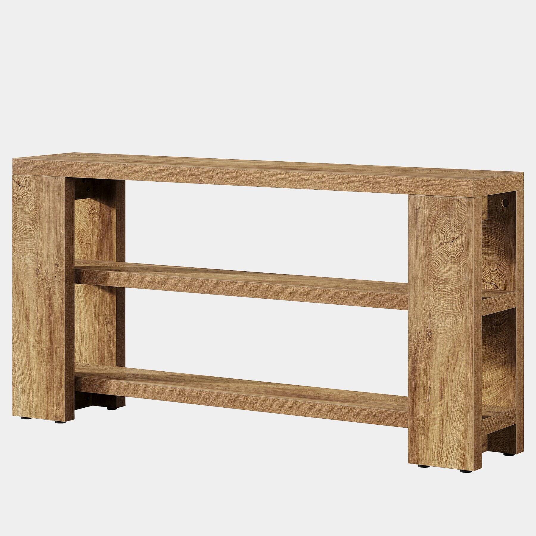 Back. Kadyn - Oak Wood Console Table - 3-Shelf Open Base, Rustic Entryway/Living Room Storage, Sturdy & Elegant, Brown - Brown.