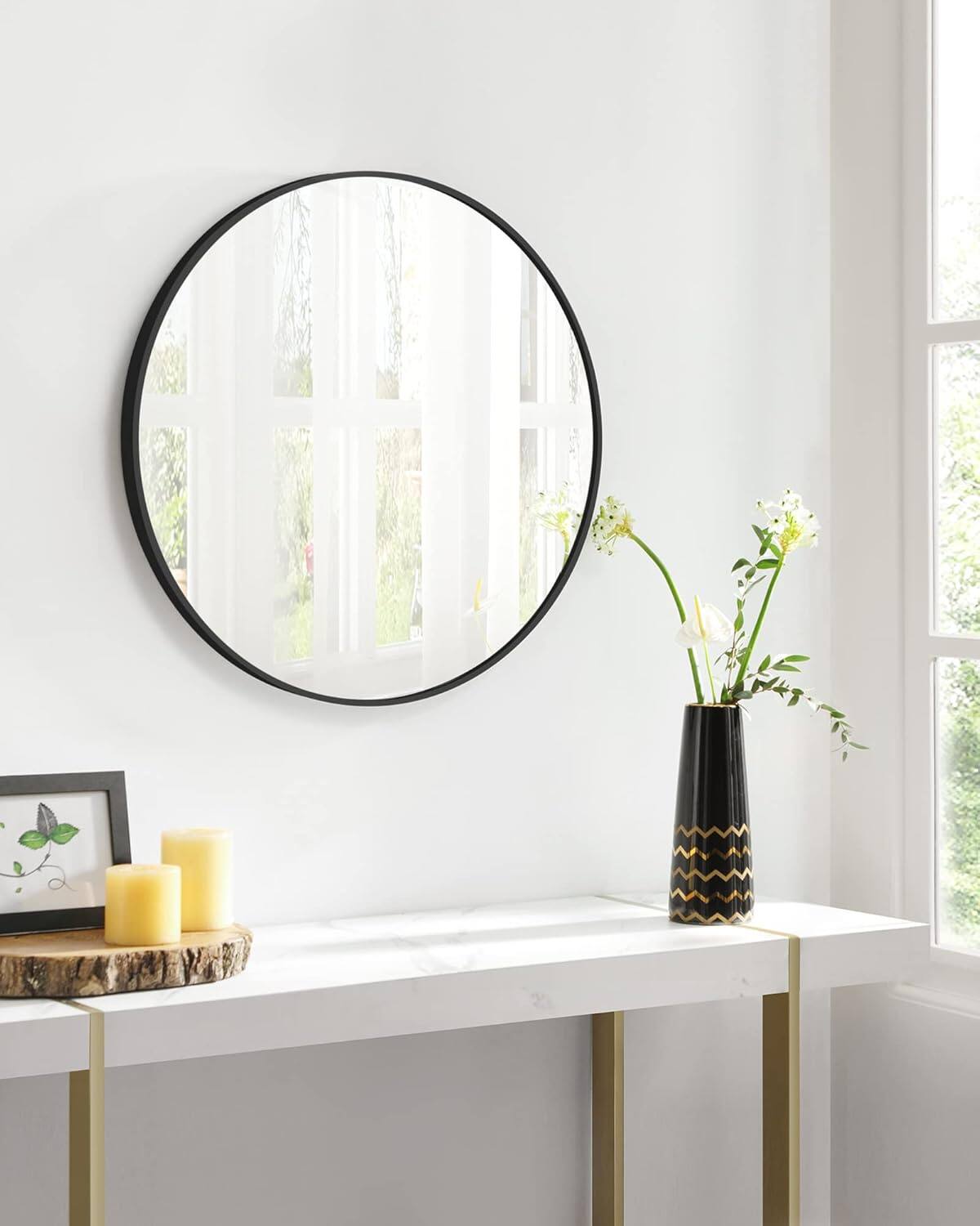 Left. Songmics Home - 24-Inch Round Wall Mirror – Elegant Ink Black Metal Frame for Bathroom/Living Room/Bedroom/Entryway - Black.