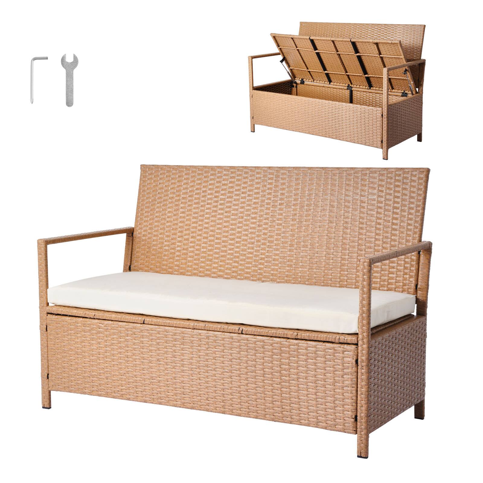 VEVOR - Outdoor Storage Bench, 2-Person PE Rattan Storage Bench, 70 Gal Deck Box with Cushion, Supports up to 265 lbs - Beige