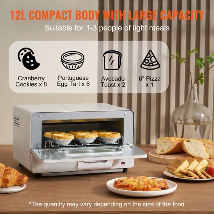 12L COMPACT BODY WITH LARGE CAPACITY
Suitable for 1-3 people of light meals
- Cranberry Cookies x 8
- Portuguese Egg Tart x 6
- Avocado Toast x 2
- 6" Pizza x 1
*The quantity may vary depending on the size of the food