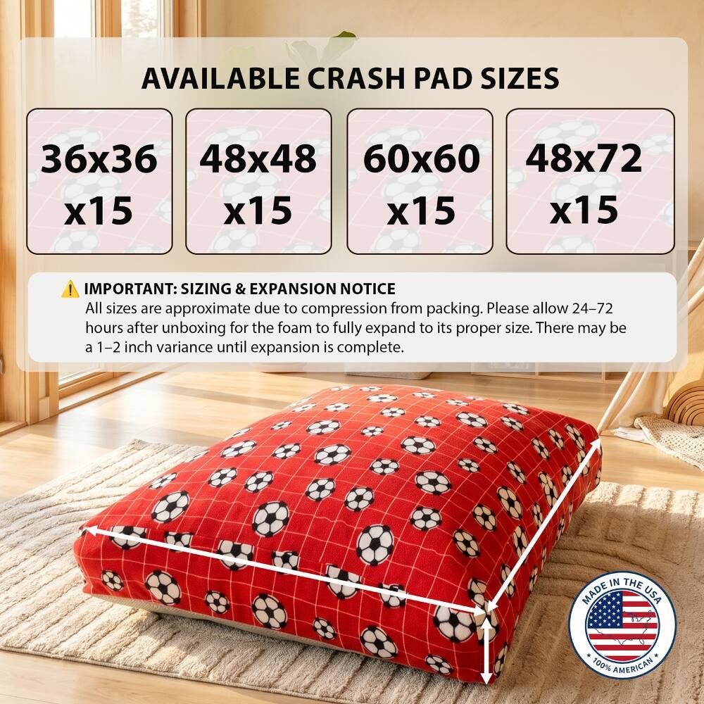 AVAILABLE CRASH PAD SIZES
36x36 x15
48x48 x15
60x60 x15
48x72 x15

! IMPORTANT: SIZING & EXPANSION NOTICE
All sizes are approximate due to compression from packing. Please allow 24-72 hours after unboxing for the foam to fully expand to its proper size. There may be a 1-2 inch variance until expansion is complete.

MADE IN THE USA
100% AMERICAN