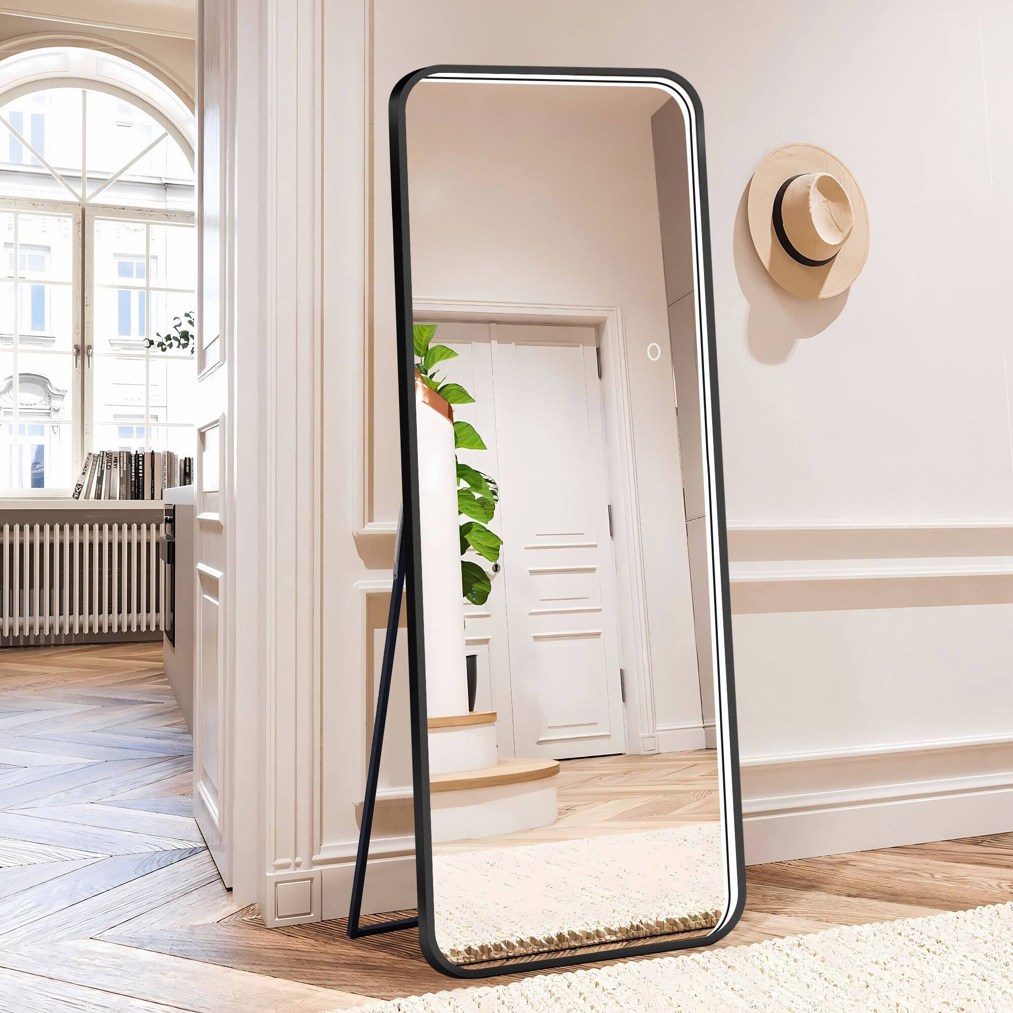 Front. BreeBe - 64 in Full Length LED Mirror 3-Color Dimmable Lights Gold Frame Standing or Hanging Floor Mirror for Home & Bridal - Black.