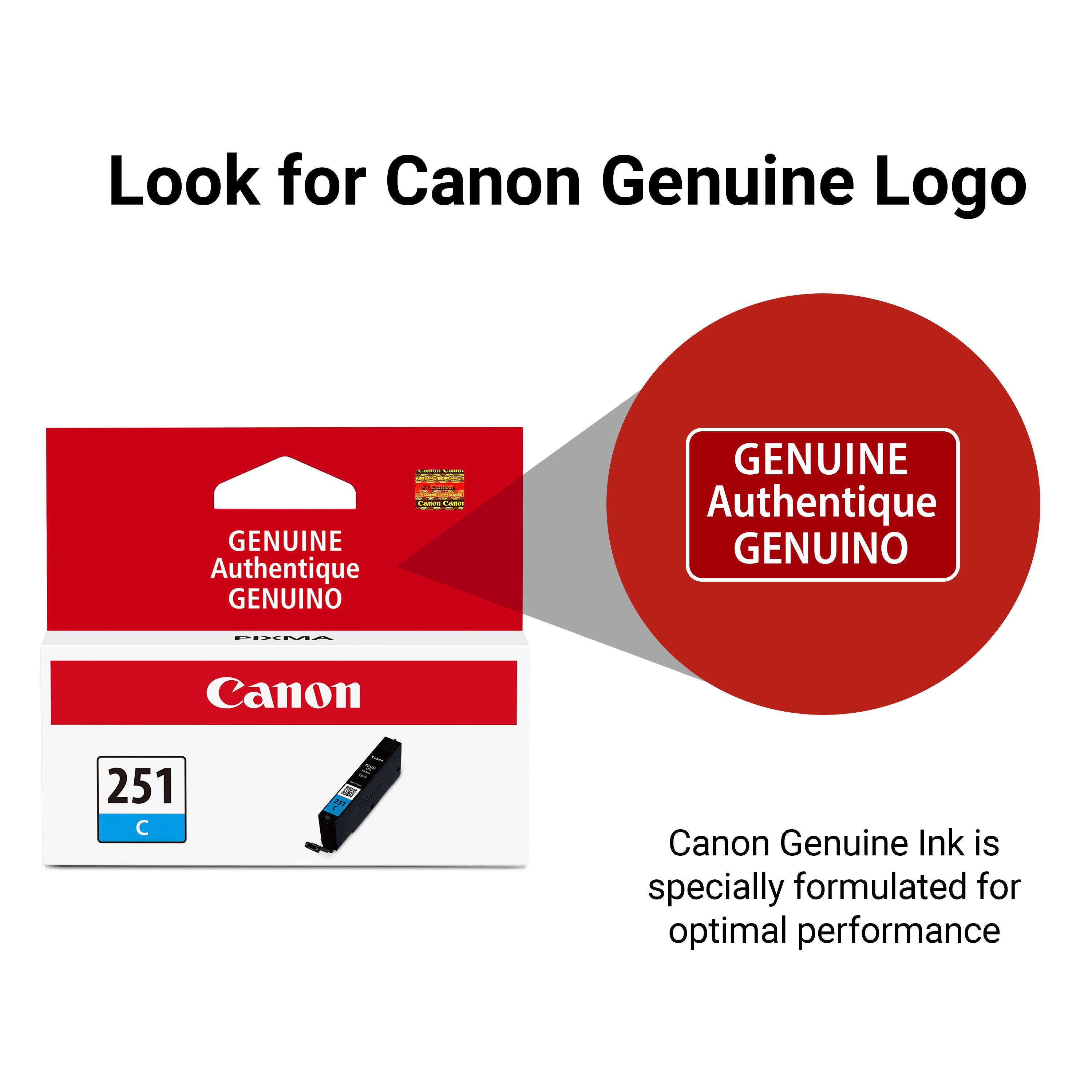 Look for Canon Genuine Logo

GENUINE Authentique GENUINO

Canon
251
SERVI 155

Canon Genuine Ink is specially formulated for optimal performance