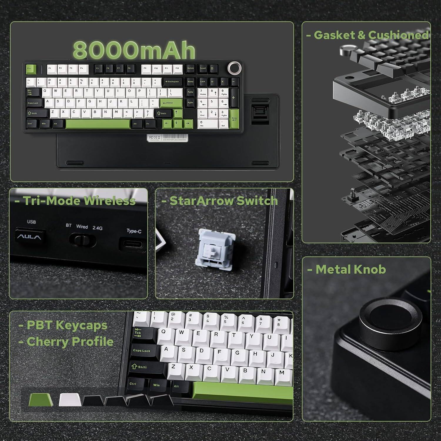 8000mAh

- Tri-Mode Wireless
- StarArrow Switch
- Gasket & Cushioned
- Metal Knob
- PBT Keycaps
- Cherry Profile