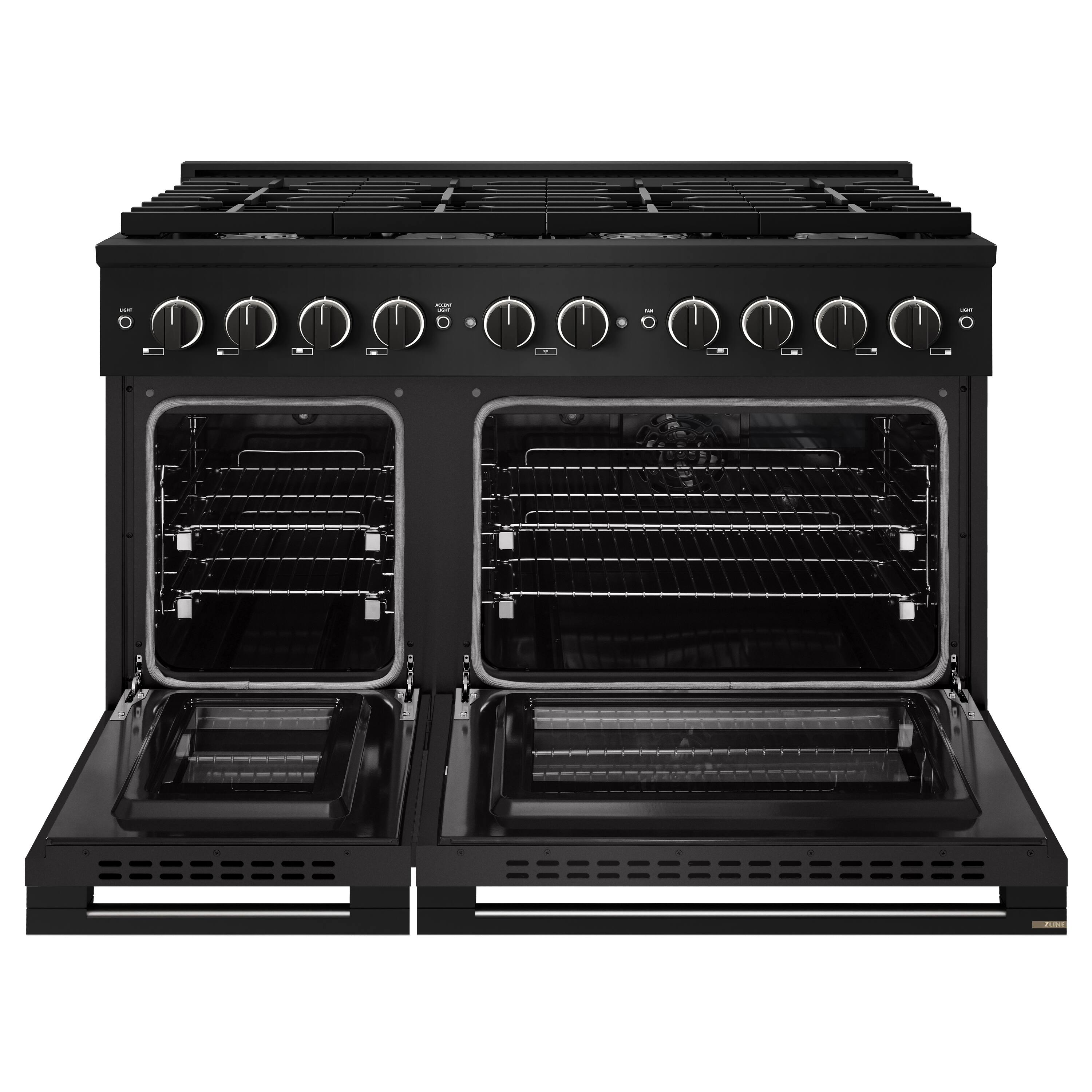 Angle. ZLINE - 48 in. 6.7 cu. ft. Marino Dual Fuel Freestanding Range with Gas Cooktop and 8 Brass Burners in Black Stainless Steel - Black Stainless Steel.