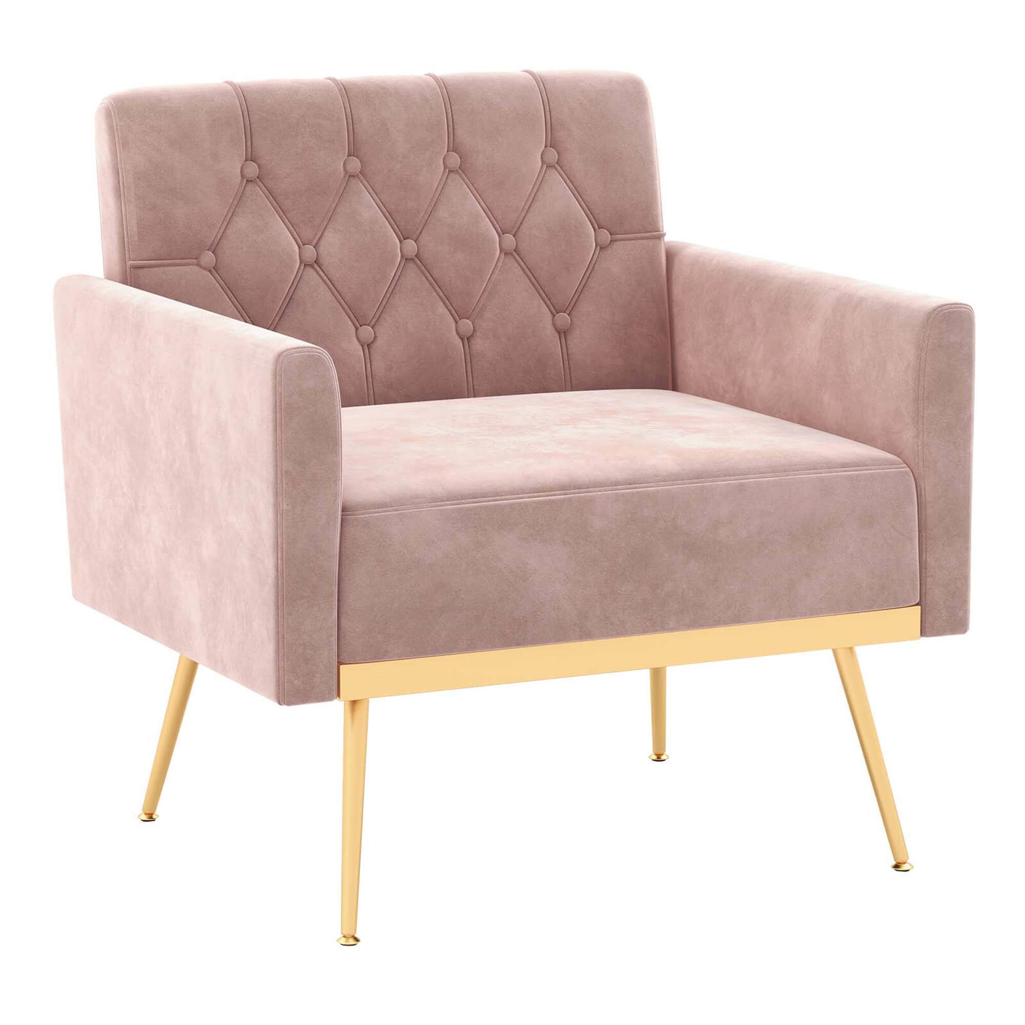 Front. Costway - Modern Velvet Button Tufted Back Accent Chair with Golden Metal Legs and Foot Pads - Pink.