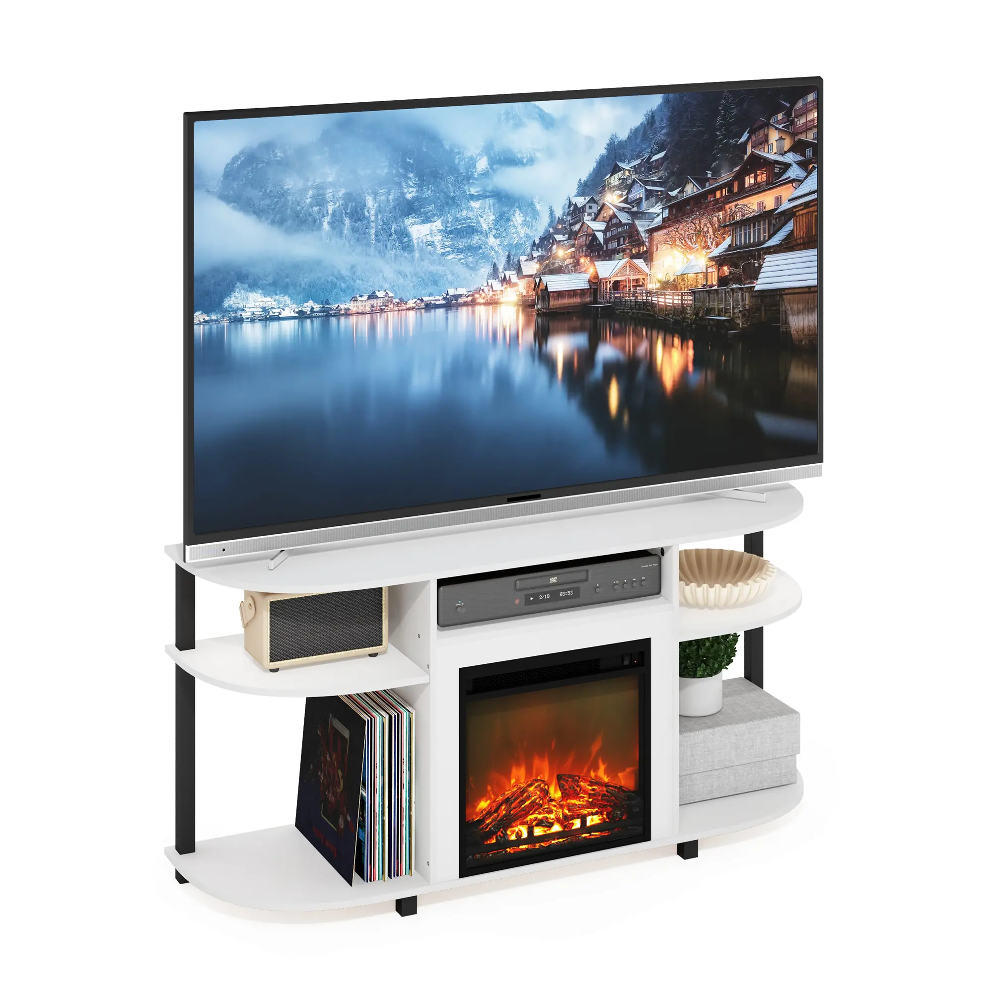 Alt View 3. Furinno - Jensen Open Storage Curved Entertainment Center Stand with Fireplace for TV up to 55 Inch - Solid White.