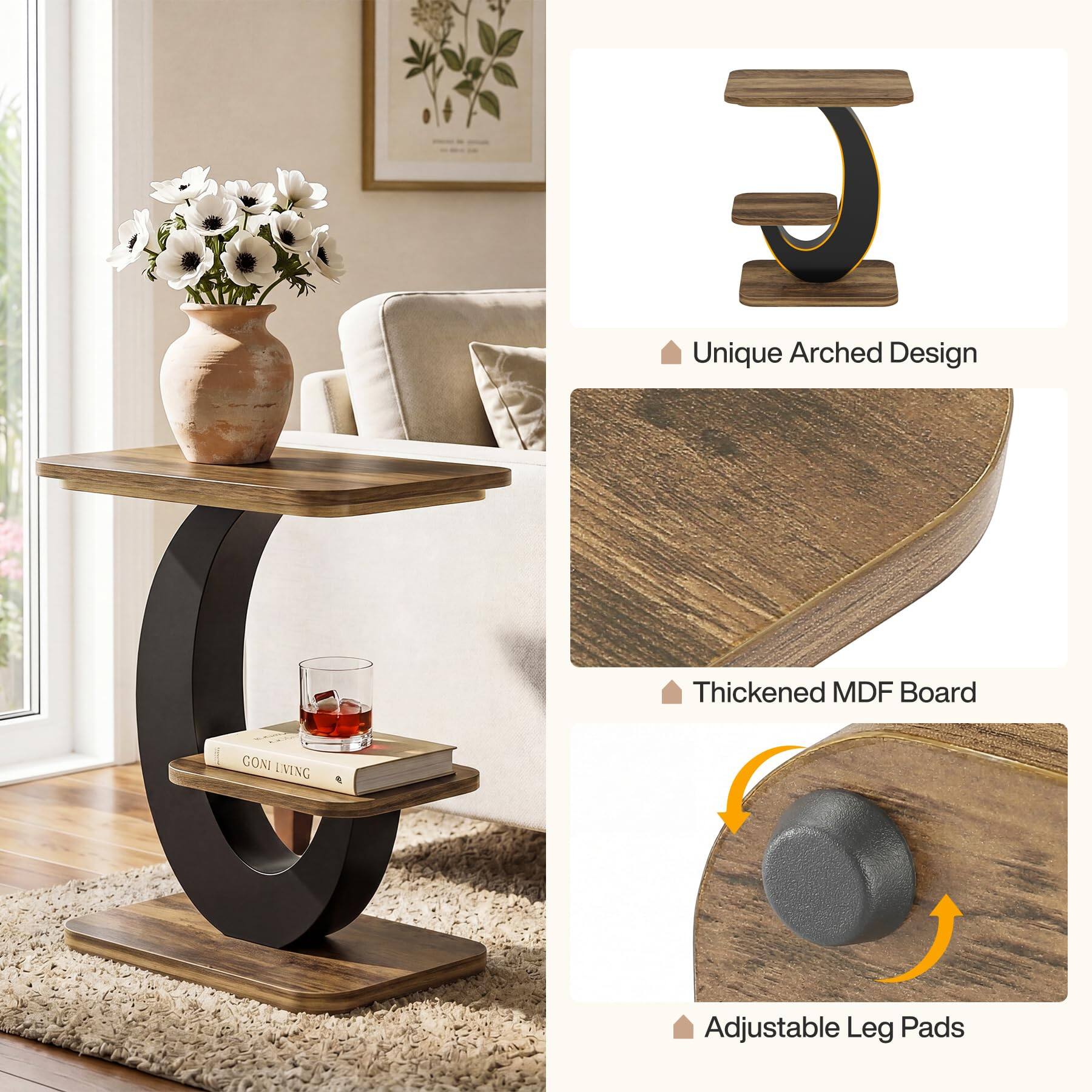 Unique Arched Design  
Thickened MDF Board  
Adjustable Leg Pads