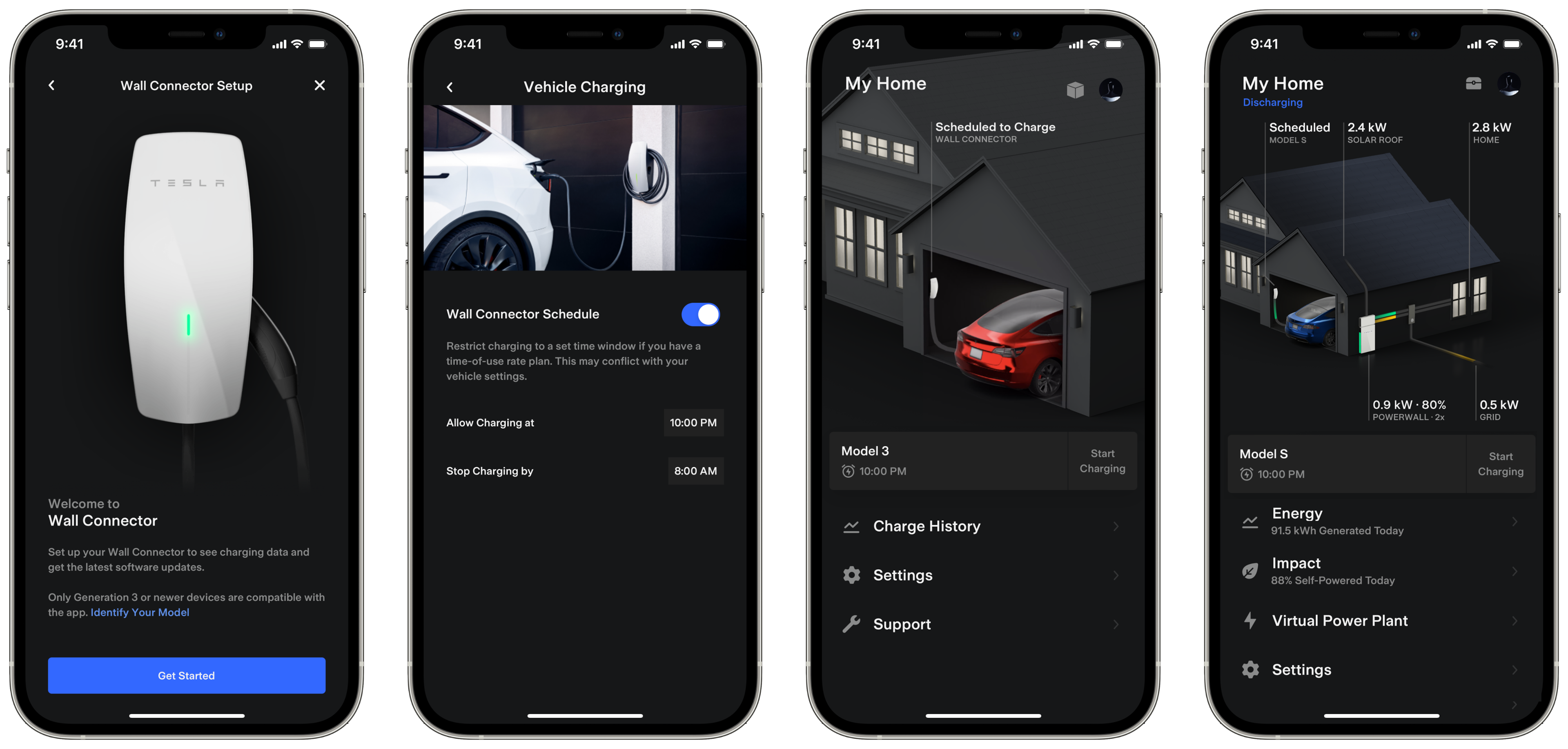 Grouped and corrected text:
1. Wall Connector Setup:
* Vehicle Charging: My Home
* Discharging: Scheduled to Charge
* Wall Connector: Scheduled
* Power: 2.4 kW
* Model: A
* Solar Roof: 2.8 kW
2. Home Tesla Wall Connector:
* Schedule: Restrict charging to a set time window if you have a time-of-use rate plan. This may conflict with your vehicle settings.
* Allow Charging at: 10:00 PM
* Power: 0.9 kW
* Efficiency: 80%
* Model: PowerWall 2
* Capacity: 0.5 kW
3. Tesla Wall Connector:
* Schedule: Restrict charging to a set time window if you have a time-of-use rate plan. This may conflict with your vehicle settings.
* Start Charging: Model 3
* Start Charging: Model S
4. Welcome to Wall Connector:
* Set up your Wall Connector to see charging data and get the latest software updates.
* Only Generation 3 or newer devices are compatible with the app.
* Identify Your Model
* Charge History
* Settings
* Energy: 91.5 kWh
* Impact: 88%
* Self-Powered Today
* Virtual Power Plant
* Get Started