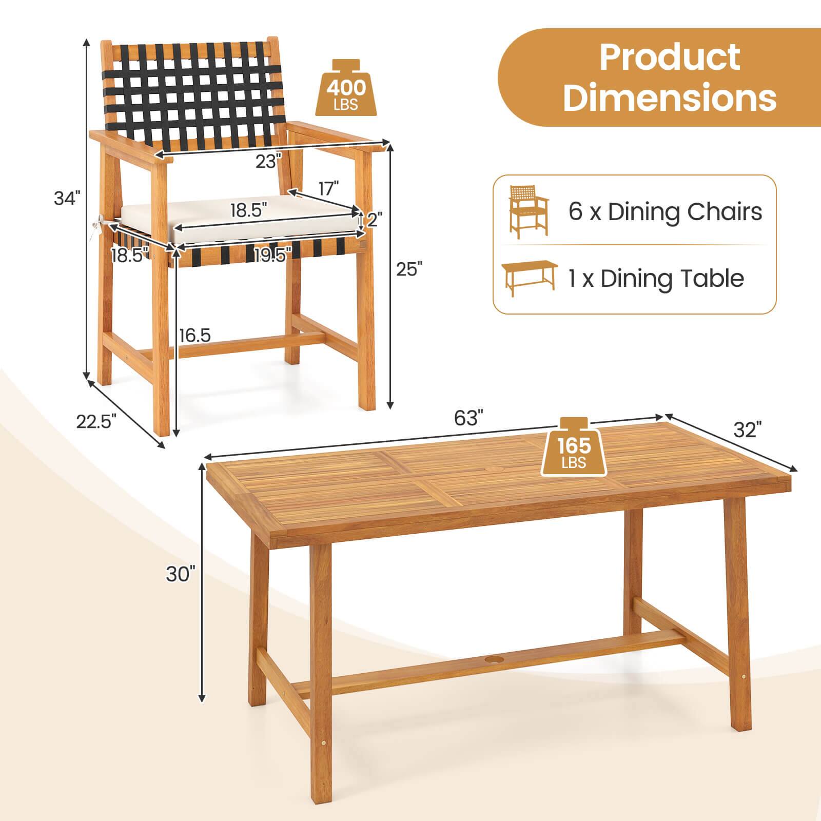 400 LBS  
Product Dimensions  
34" 18.5" 23" 18.5" 19.5" 17" 2" 25" 6 X Dining Chairs  
1 X Dining Table  
16.5 22.5" 63" 165 LBS  
32" 30"