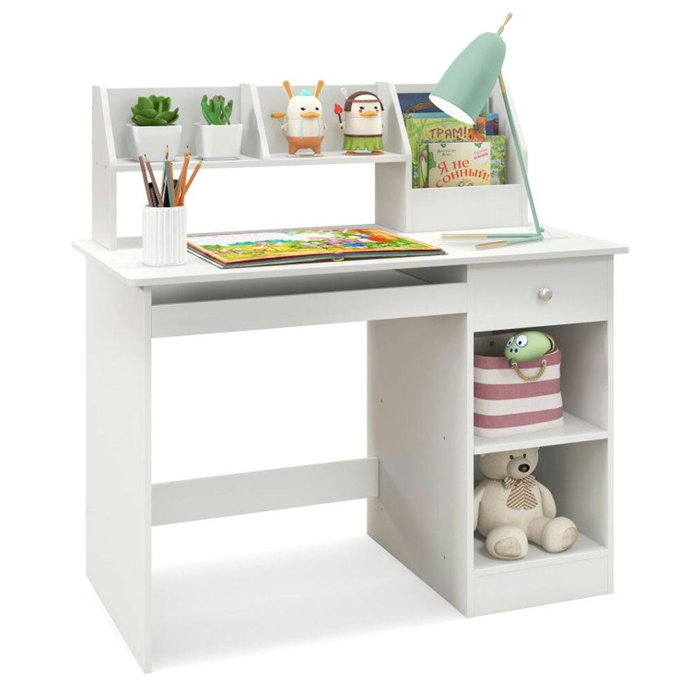 Alt View 4. Resenkos - Kids Study Desk Children Writing Table with Hutch Drawer Shelves and Keyboard Tray-White, Small Folding Table - White.