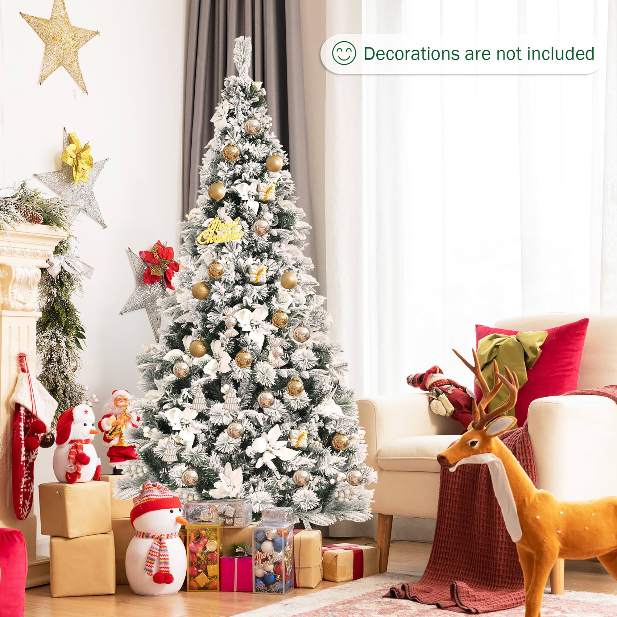 The image shows a Christmas tree in a living room, surrounded by presents and other decorations. The text on the image states that "decorations are not included," which suggests that the tree and other items in the room are not part of a decoration package. This implies that the person who set up the scene might have purchased the tree and other decorations separately, or they may have already had them and did not need to purchase additional decorations.