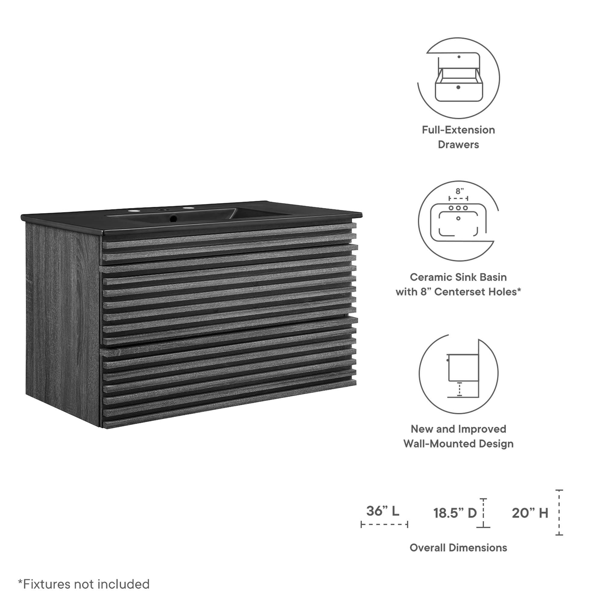 Full-Extension Drawers  
Ceramic Sink Basin with 8" Centerset Holes*  
New and Improved Wall-Mounted Design  

Overall Dimensions:  
36" L x 18.5" D x 20" H  

*Fixtures not included