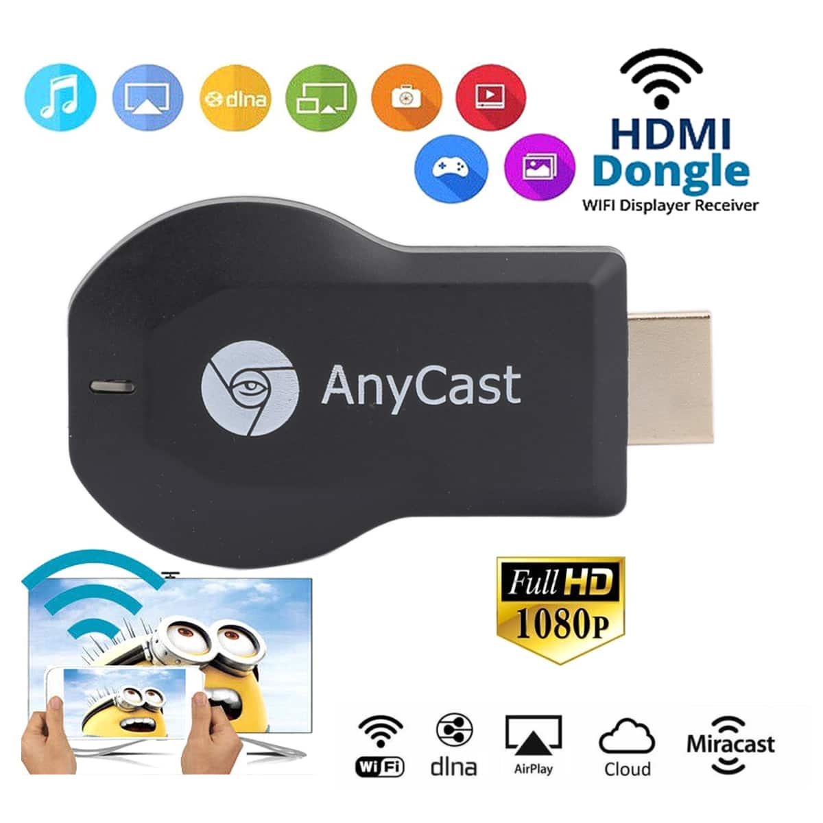 Topteng - 1080P Wireless Display Dongle with AirPlay & Miracast - HD TV Stick for iOS/Android - Black