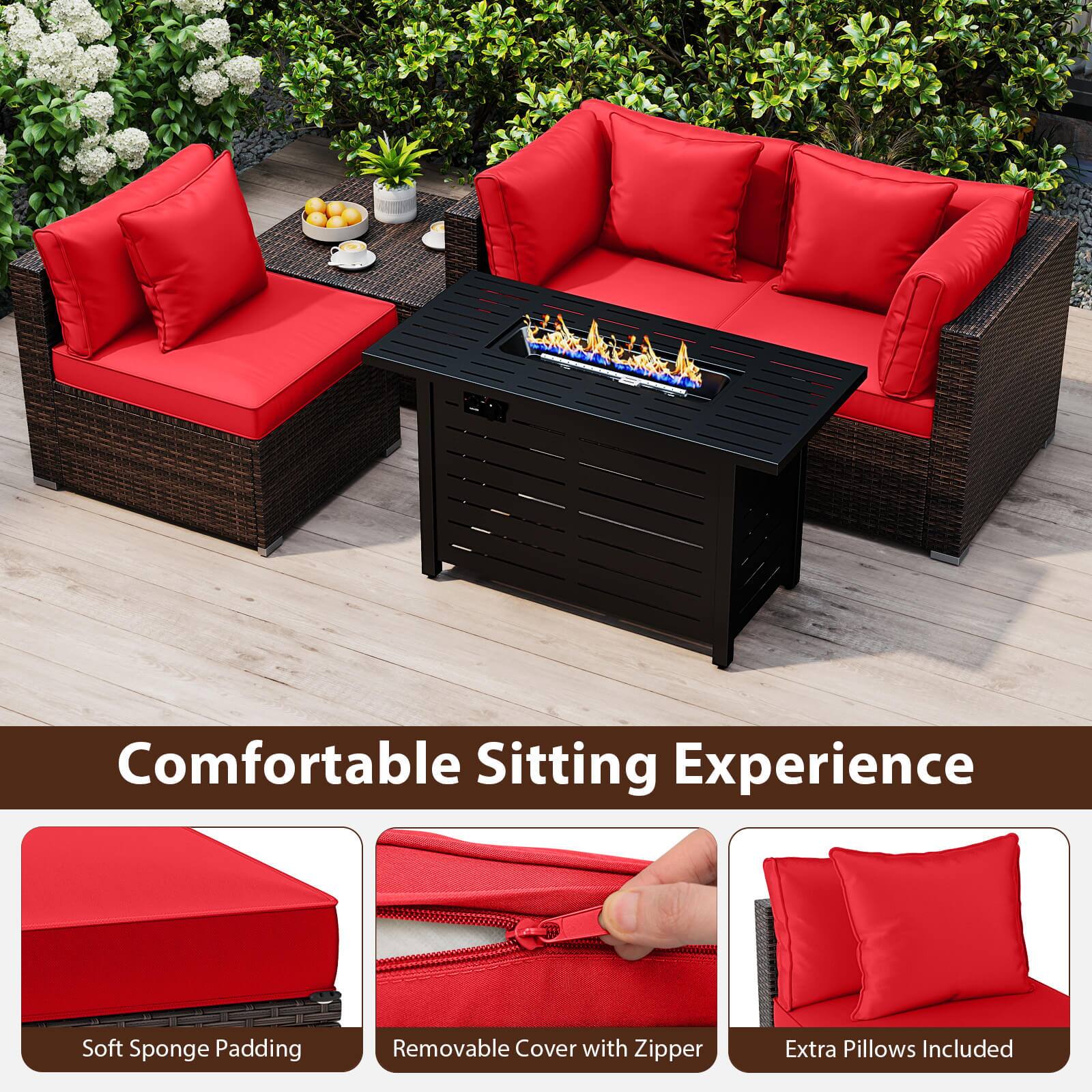 Alt View 5. Costway - Costway 5 PCS Patio Furniture Set Heavy-duty Frame Sofa Set with 60,000 BTU Firepit Table - Red.