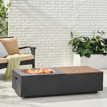 Front. Siljoy - 50000 BTU Lightweight Concrete Rectangular Fire Pit Table Dark Gray & Natural Brown Outdoor Heater (No Tank Cover).