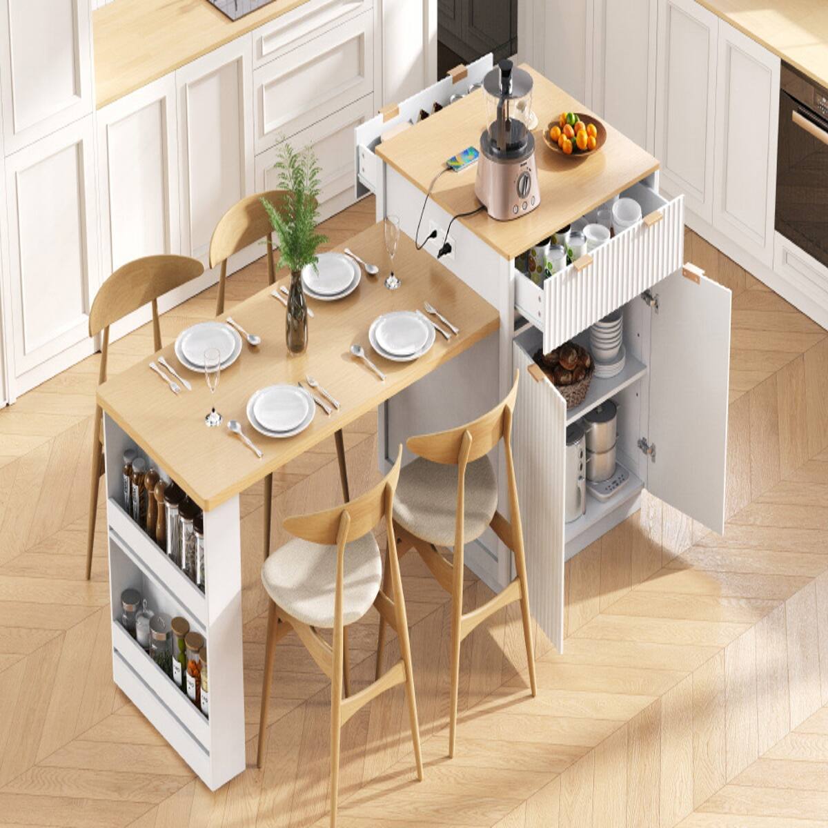 Alt View 6. Loheer - White Fluted Kitchen Island with Extendable Dining Table, 82.6-Inch Rectangular Island with Power Outlet - White.