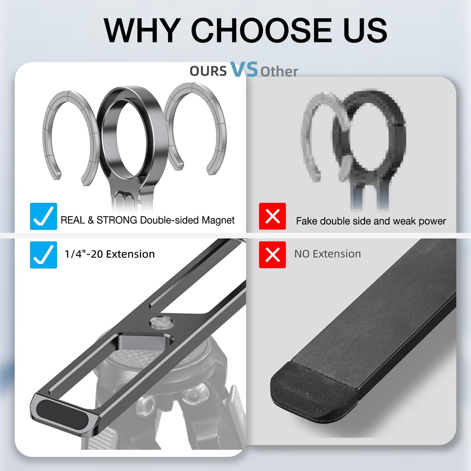 **WHY CHOOSE US**

**OURS VS Other**

- ✔️ REAL & STRONG Double-sided Magnet
- ✔️ 1/4"-20 Extension

- ❌ Fake double side and weak power
- ❌ NO Extension