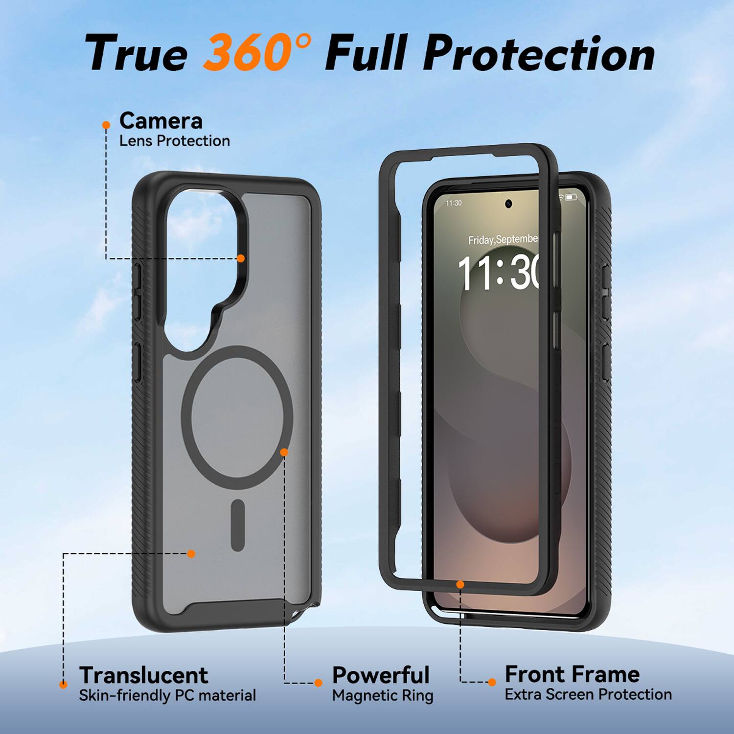 True 360° Full Protection

- Camera Lens Protection
- Translucent Skin-friendly PC material
- Powerful Magnetic Ring
- Front Frame Extra Screen Protection