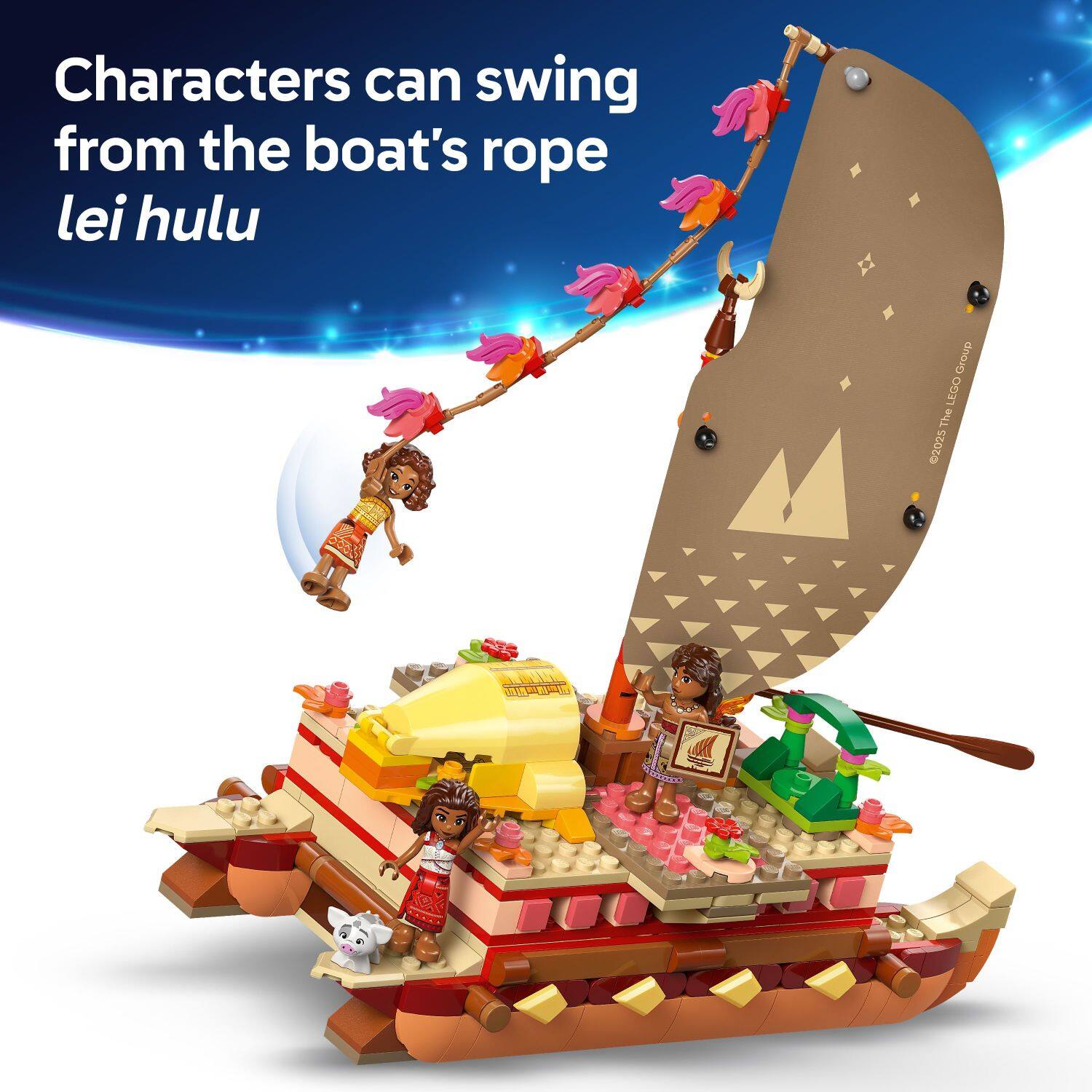Characters can swing from the boat's rope lei hulu.